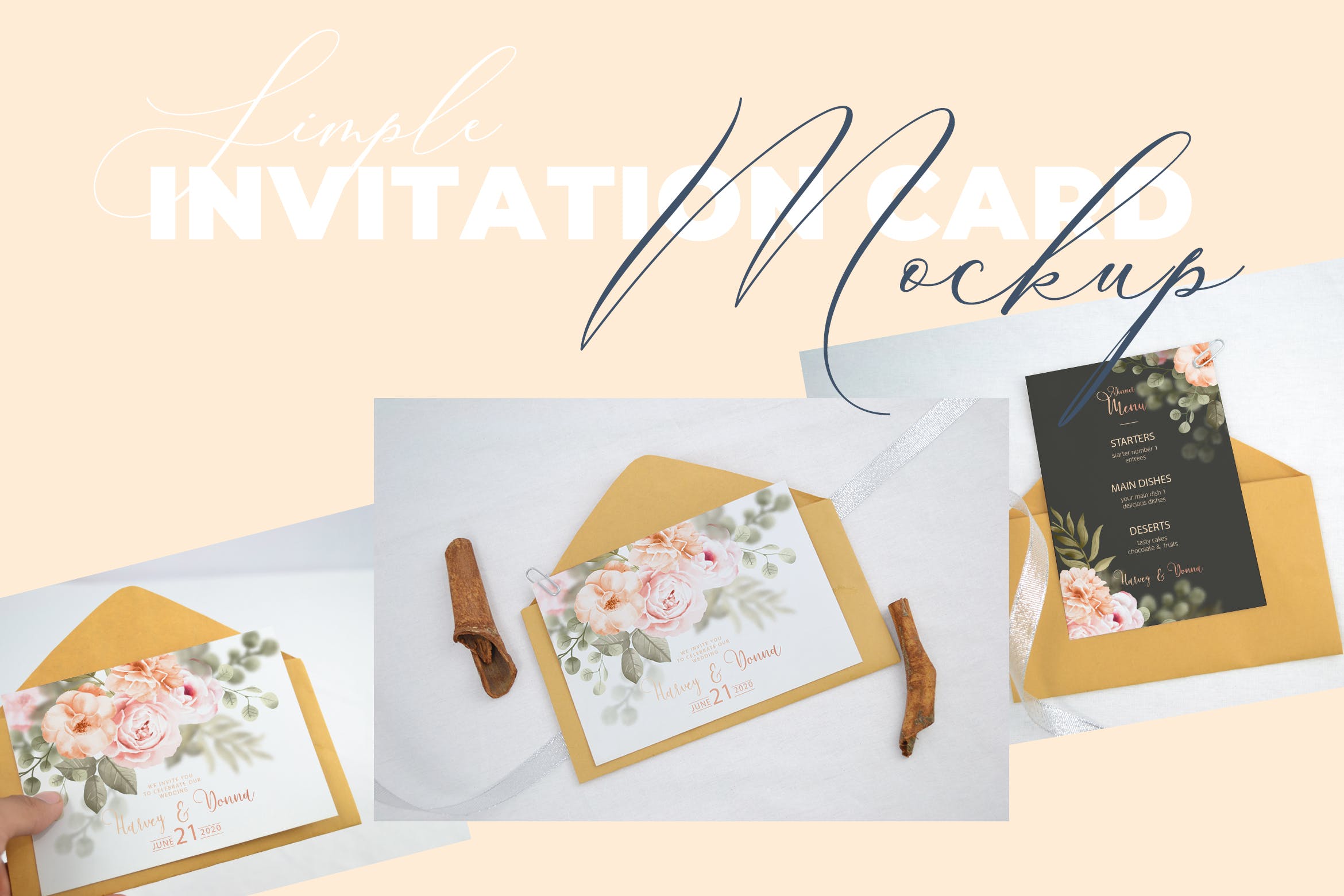 婚礼邀请函设计效果图样机非凡图库精选模板v2 Realistic Wedding Invitation Card Mockup V2插图
