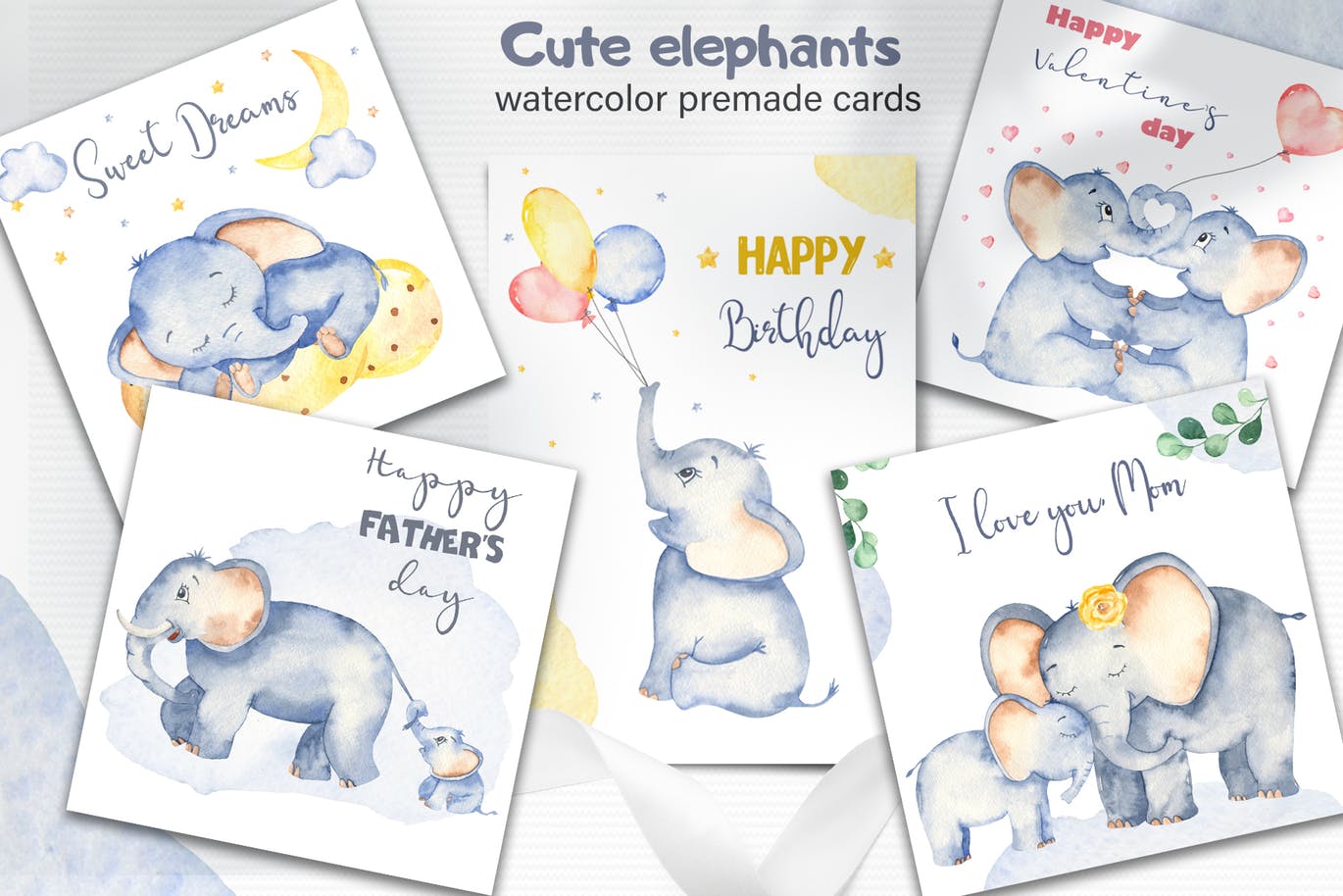 可爱卡通小象水彩手绘剪贴画＆卡片素材 Watercolor cute elephants. Clipart and cards插图(5)