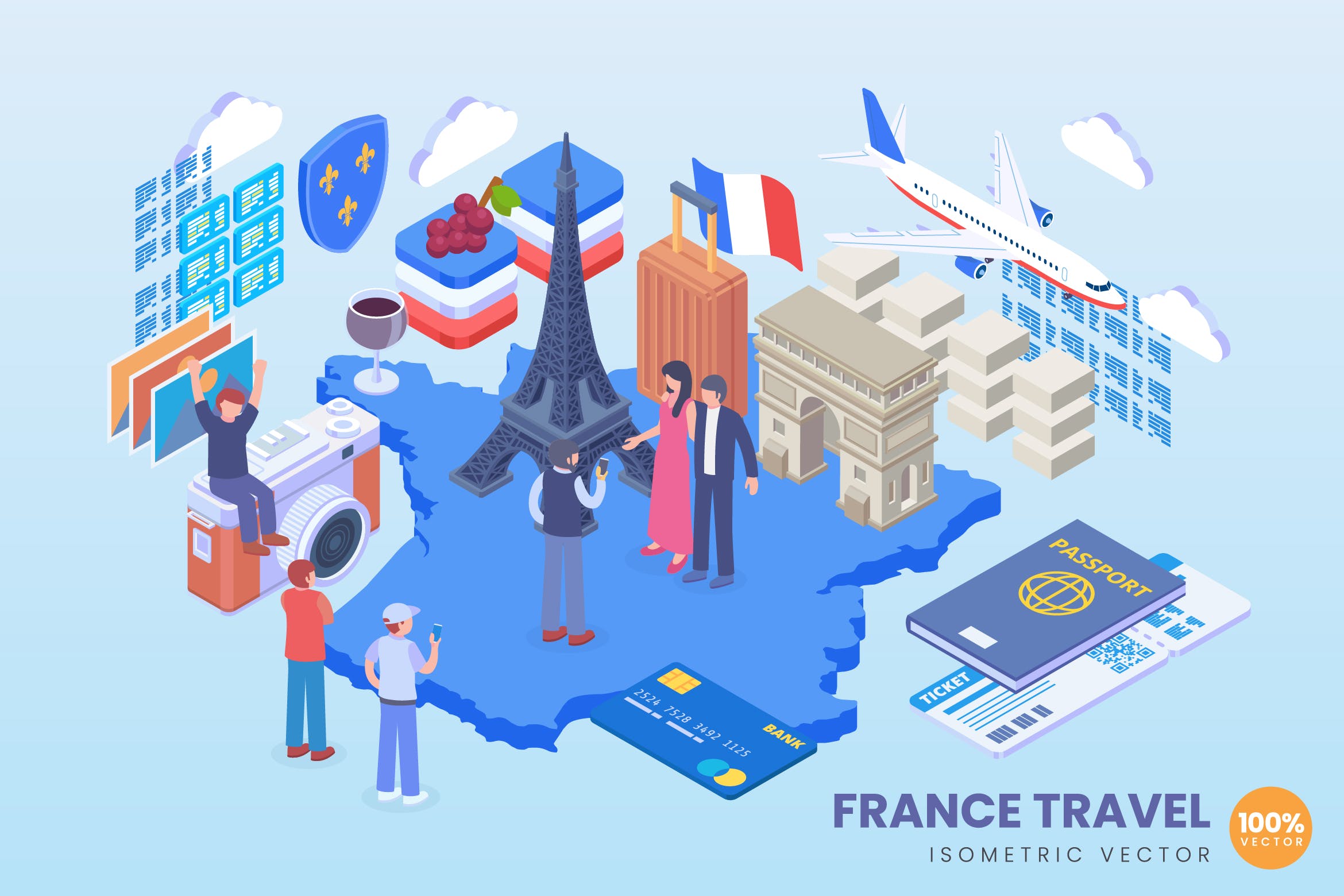 法国旅行主题等距素材库精选概念插画 Isometric France Travel Vector Concept插图