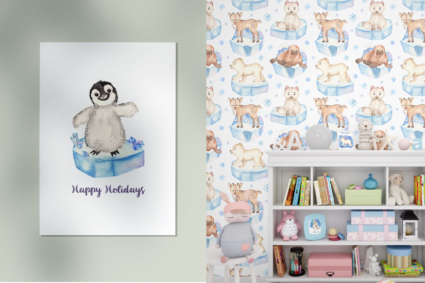 北极小动物水彩手绘剪贴画＆卡片素材 Watercolor Arctic little animals Clipart cards插图(6)