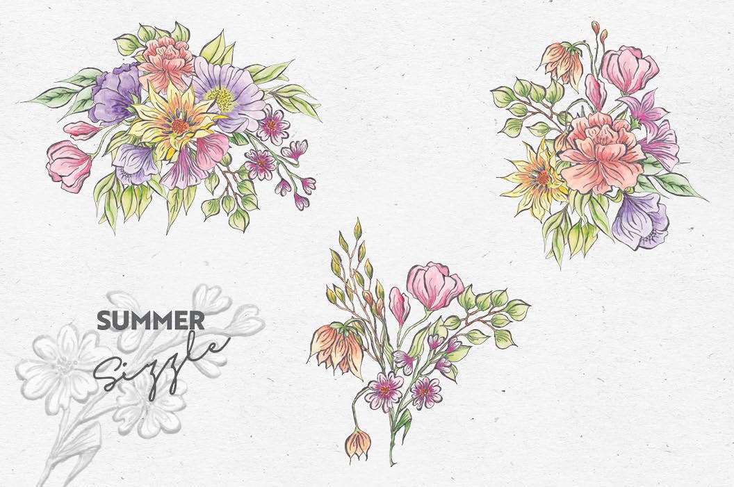 夏日鲜艳色彩水彩花卉设计普贤居精选PNG素材包 Summer Sizzle: Watercolor and Ink Collection插图(5)