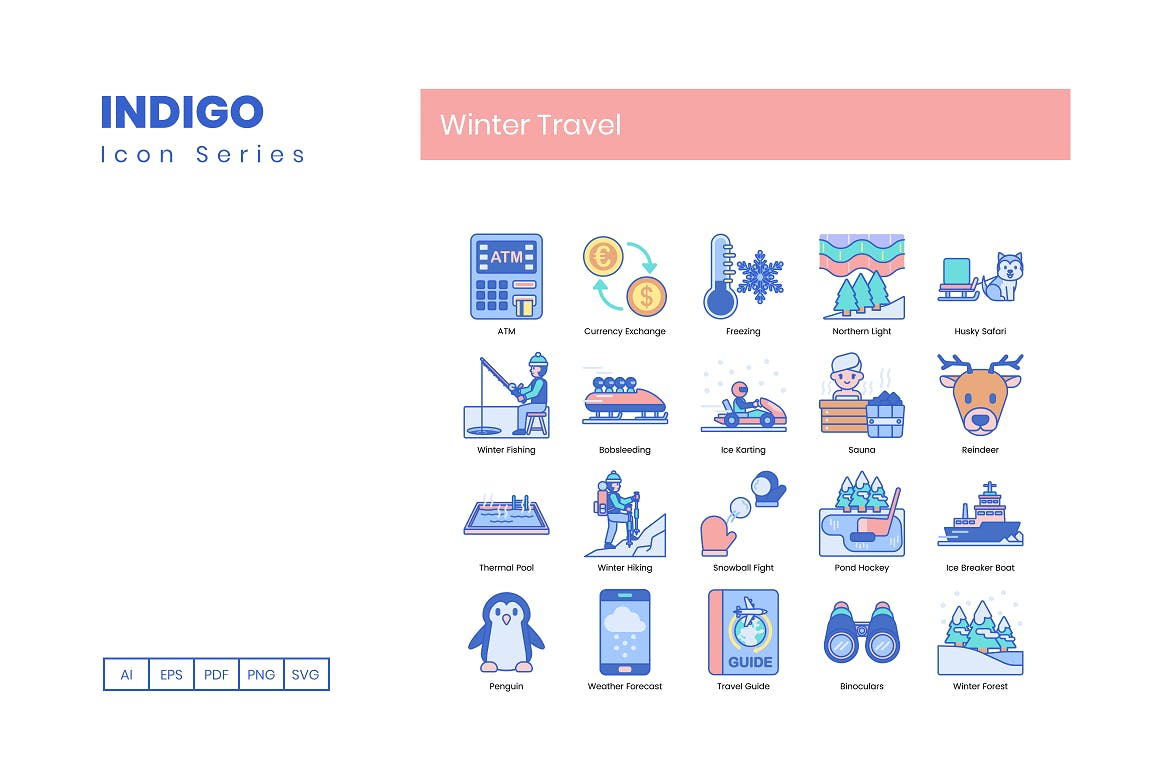 95枚靛蓝配色冬季旅行主题矢量非凡图库精选图标合集 95 Winter Travel Icons | Indigo Series插图(4)