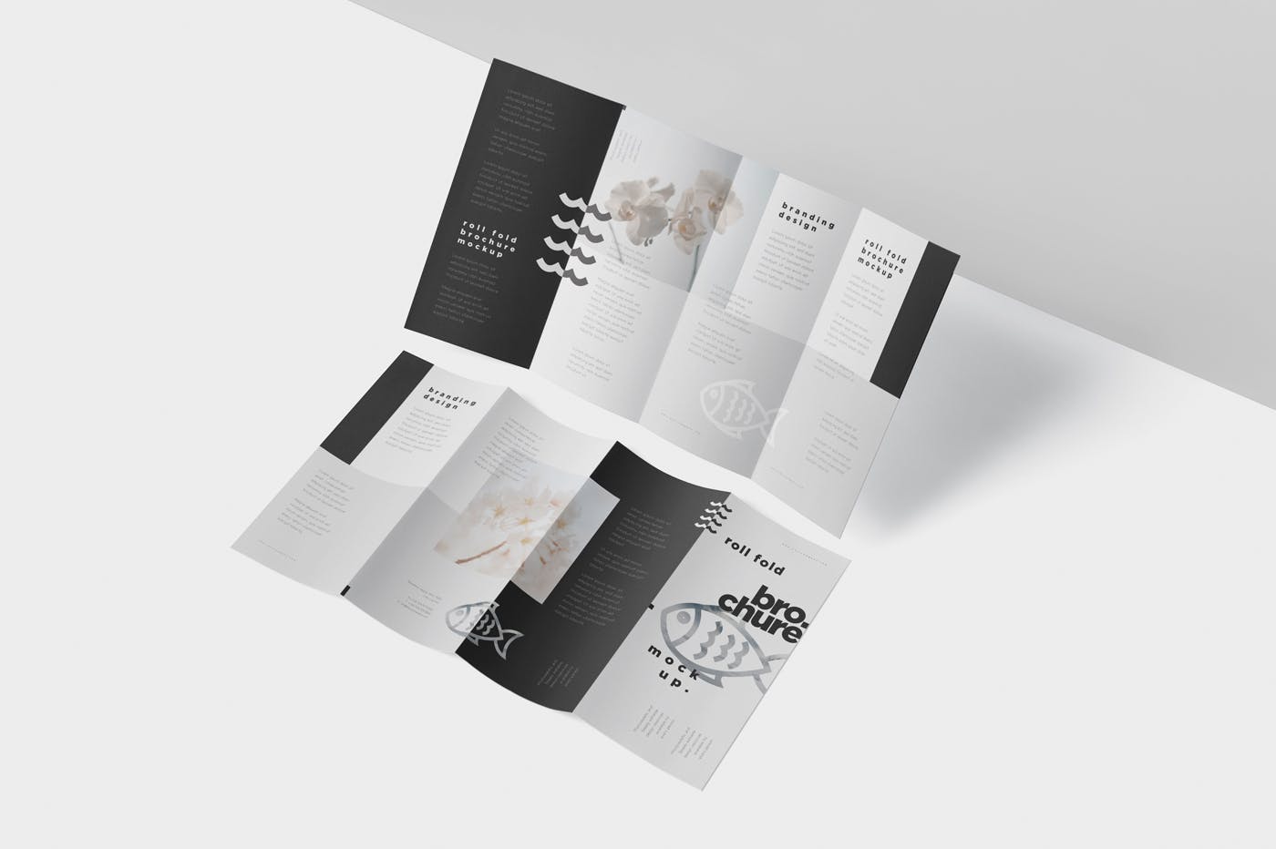 折叠设计风格企业传单/宣传册设计样机普贤居精选 Roll-Fold Brochure Mockup – DL DIN Lang Size插图(3)