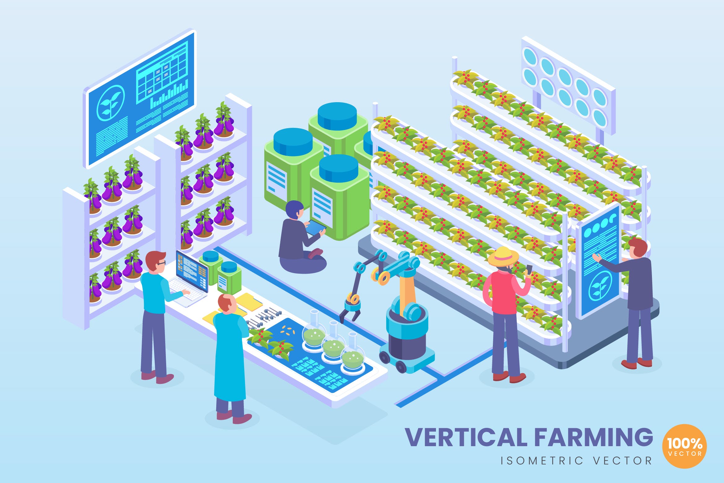 垂直耕作技术主题等距矢量普贤居精选科技概念插画 Isometric Vertical Farming Technology Vector插图