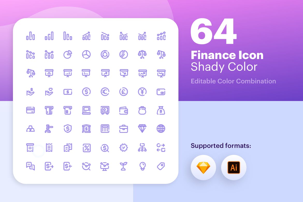 64枚互联网金融彩色阴影16设计素材网精选图标素材包 Finance Icon – Shady Color插图(1)