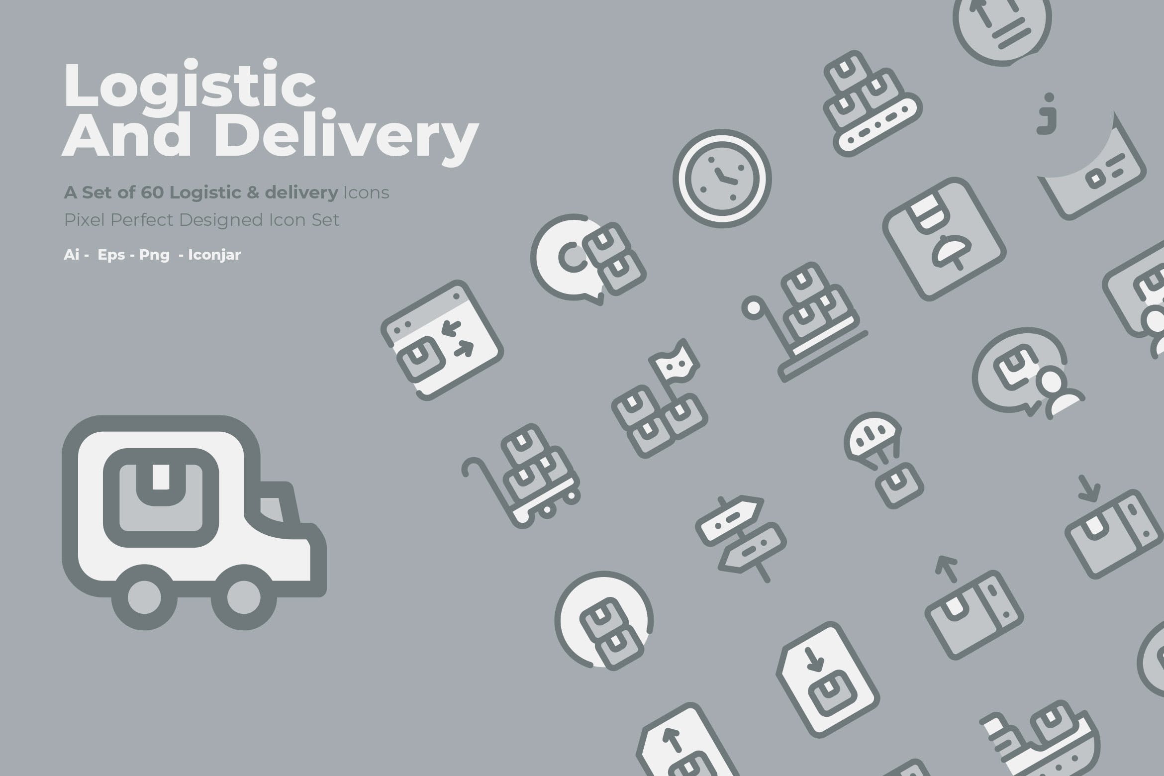 60枚物流配送主题矢量双色调素材库精选图标 60 Logistic & delivery Icons  –  Two Tone Style插图