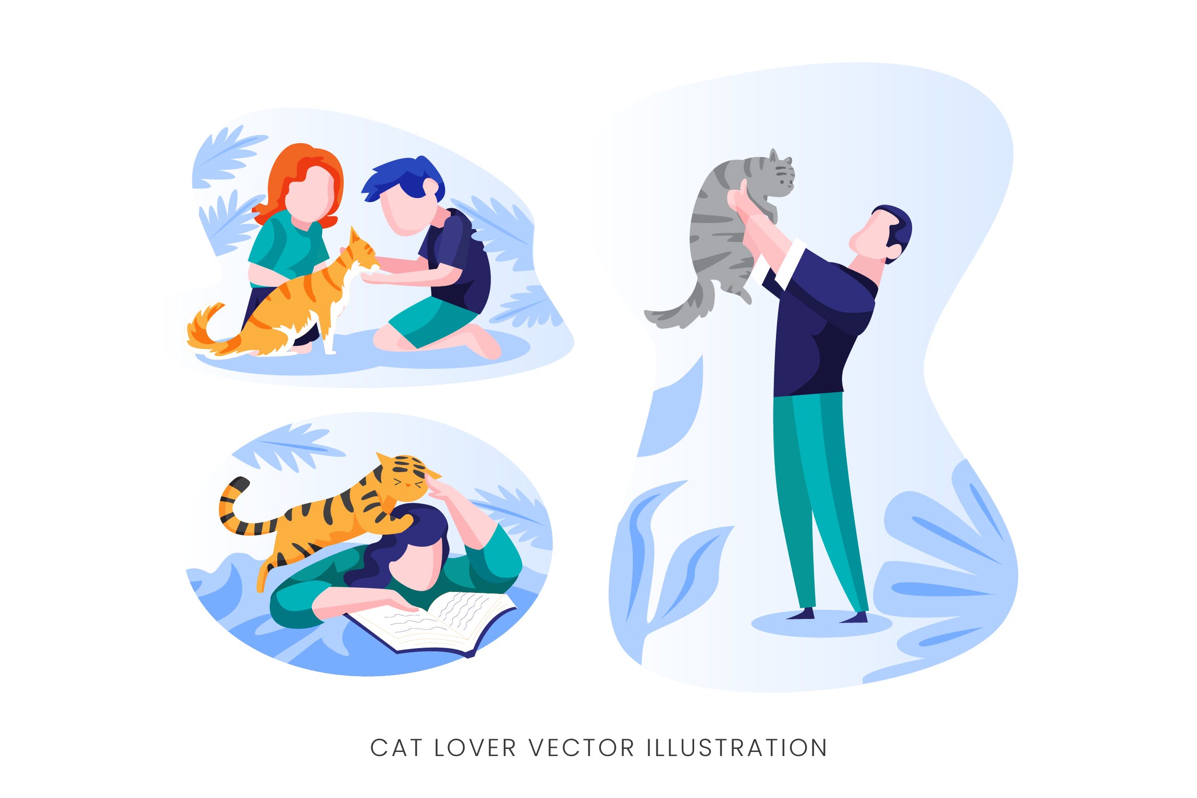 爱猫人士人物形象矢量手绘素材库精选设计素材 Cat Lover Vector Character Set插图