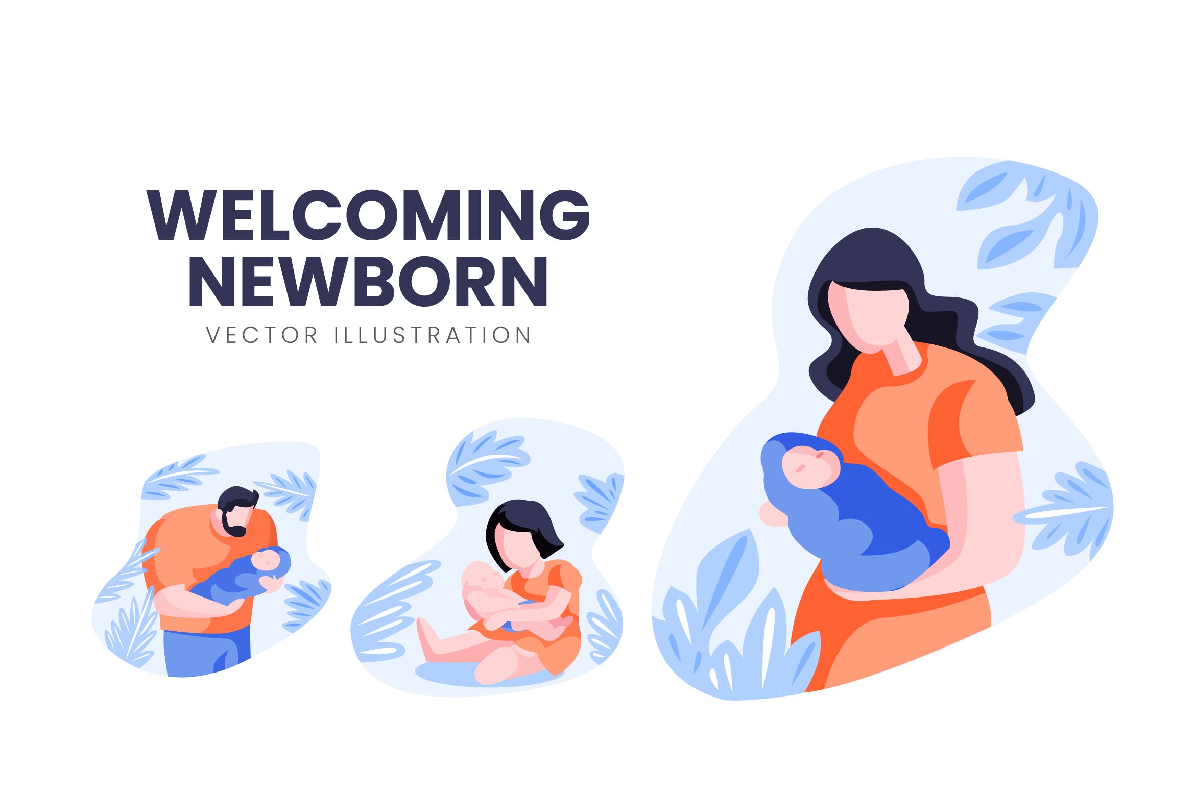 迎接降生新生儿人物形象素材库精选手绘插画矢量素材 Welcoming Newborn Vector Character Set插图