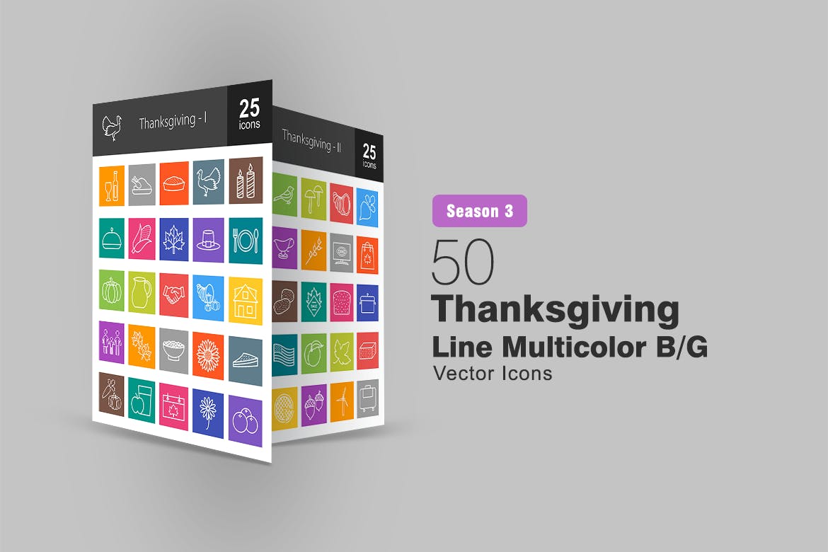 50枚感恩节主题彩色矢量线性非凡图库精选图标 50 Thanksgiving Line Multicolor B/G Icons插图