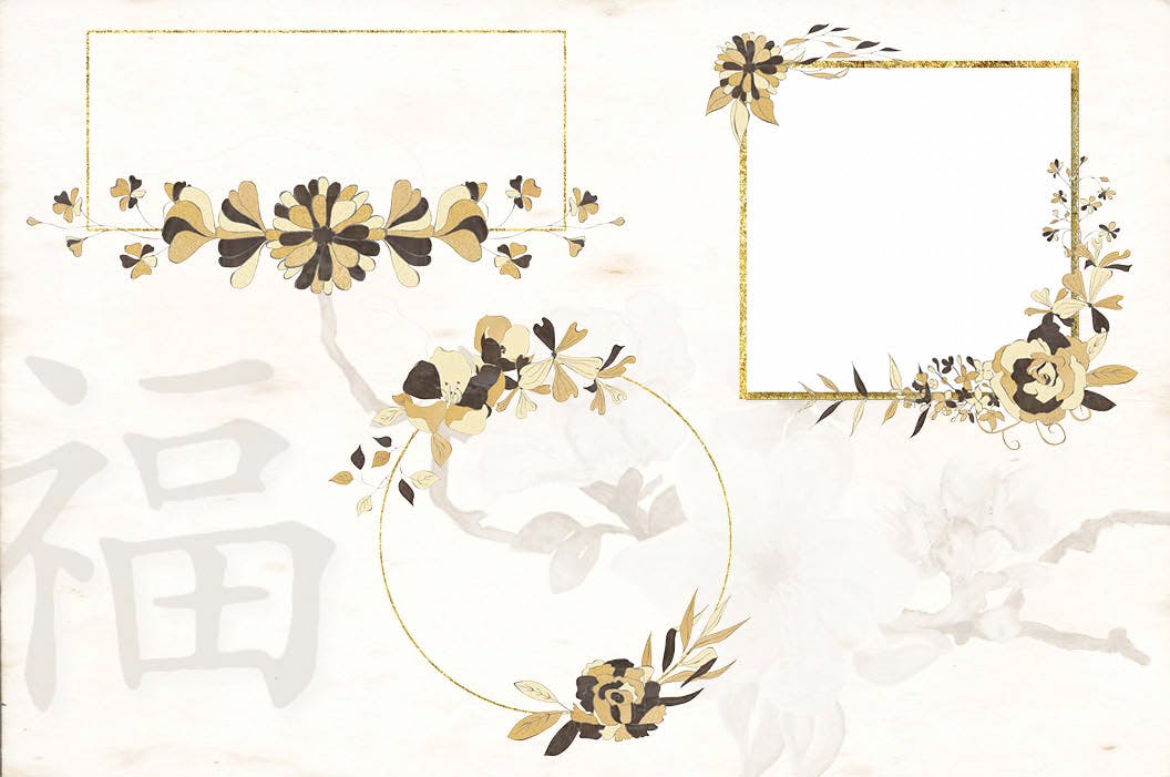 东方特色黑金配色风格字母&花卉手绘剪贴画素材中国精选PNG素材 Black and Gold Eastern Design Set插图(4)