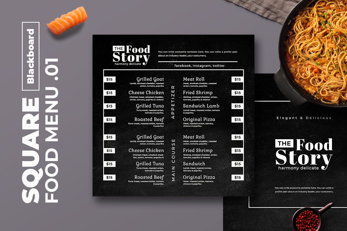 黑板画风格正方形两列式西餐厅普贤居精选菜单模板v01 Blackboard Square Food Menu. 01插图