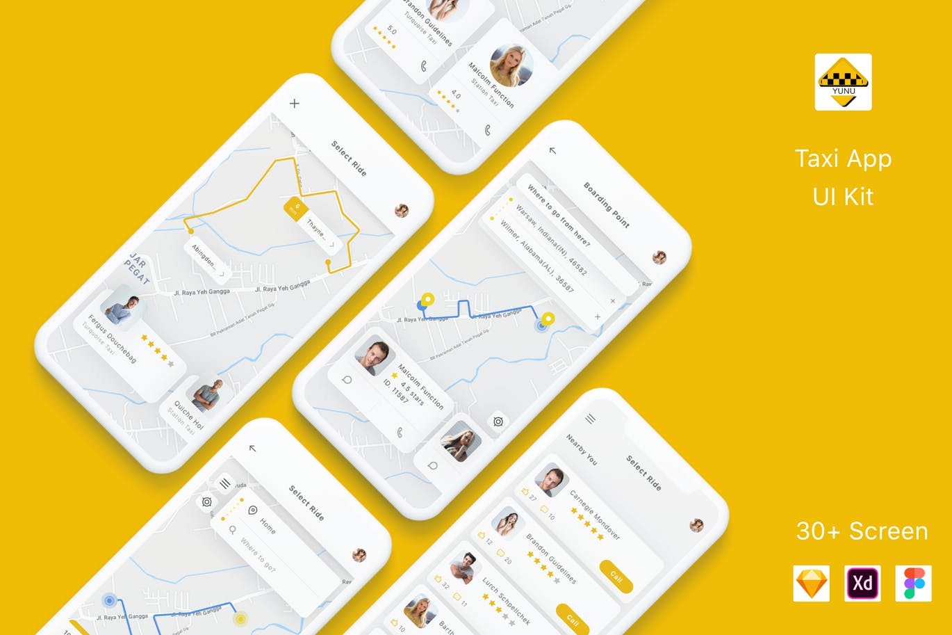 出租车预约平台APP交互界面设计素材库精选套件 Yunu – Taxi App UI Kit插图