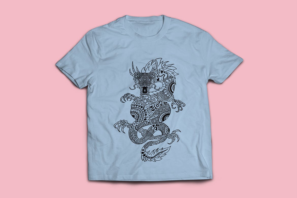 龙-曼陀罗花手绘T恤印花图案设计矢量插画素材库精选素材 Dragon Mandala T-shirt Design Vector Illustration插图(3)