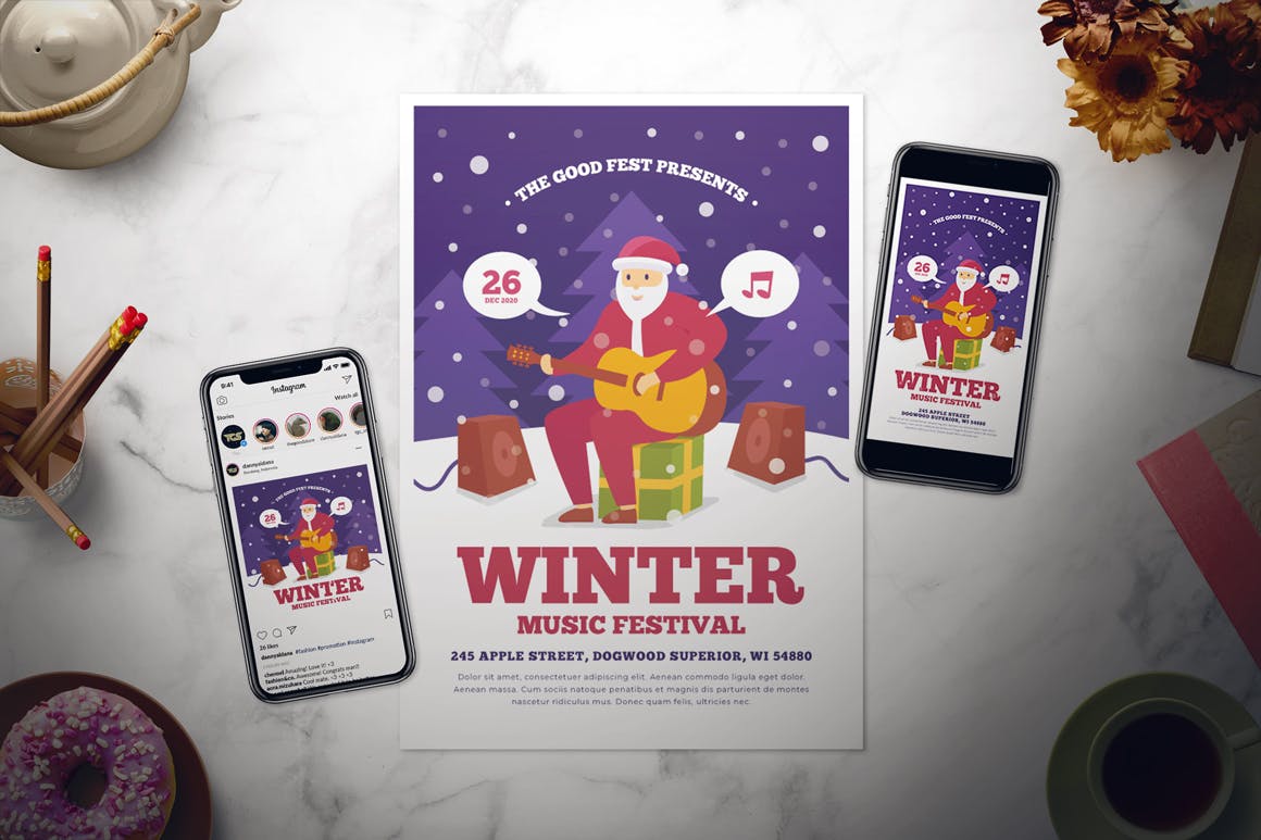 冬天音乐主题节日海报传单普贤居精选PSD模板 Winter Music Festival Flyer插图(1)