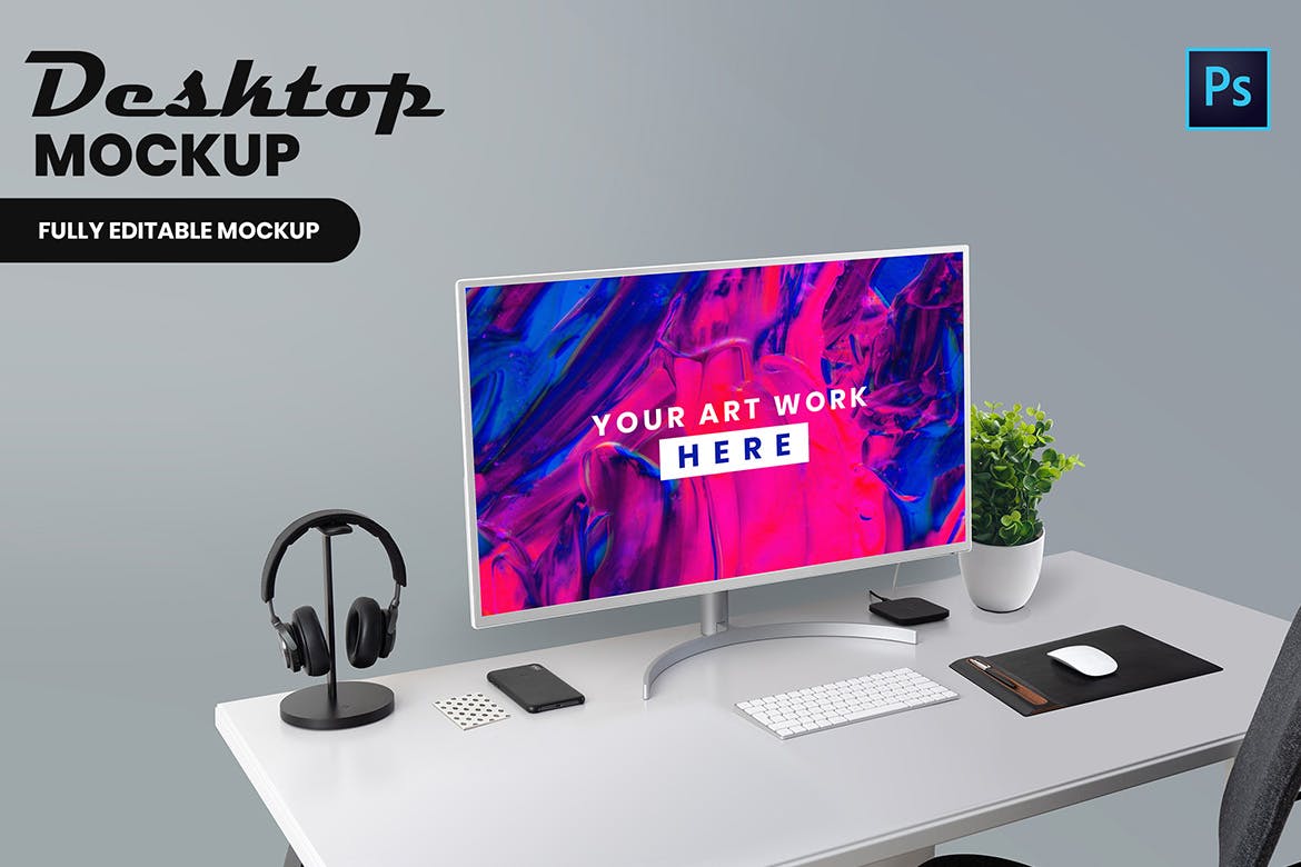 现代简约办公桌电脑高清屏幕预览素材库精选样机 Desktop Mockup插图(1)