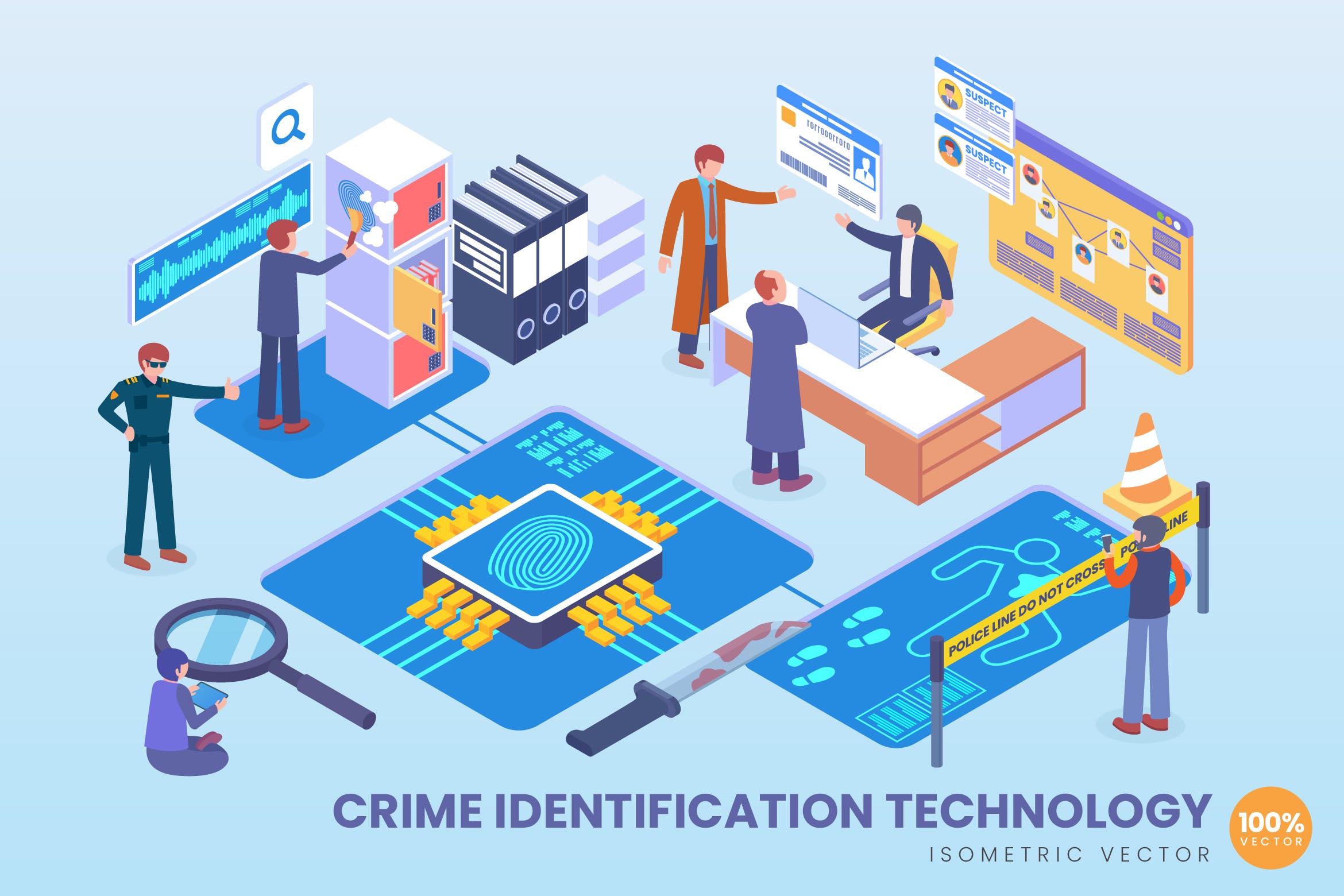 犯罪识别技术等距矢量16设计网精选科技概念插画v2 Isometric Crime Identification Technology Vector插图