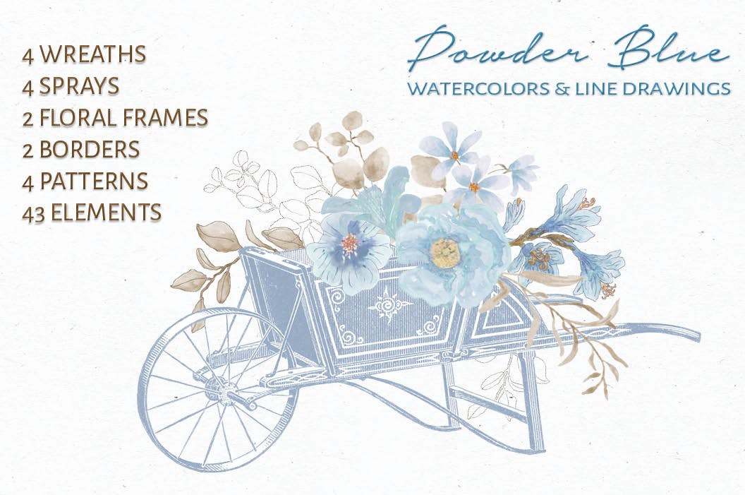 粉蓝色水彩手绘花卉剪贴画PNG16设计网精选设计素材 Powder Blue Watercolor Design Collection插图(1)