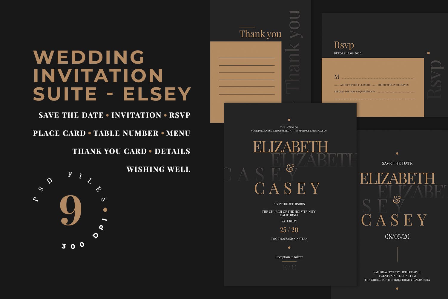 高端酷黑设计风格婚礼邀请设计套件 Wedding Invitation Suite – ELSEY插图(1)