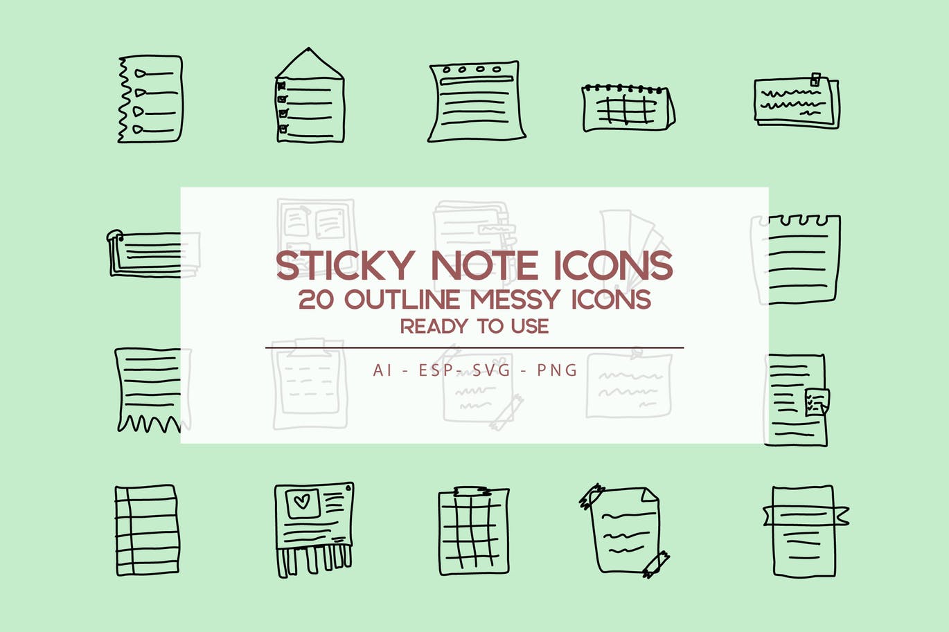 便笺手绘草图矢量轮廓素材库精选图标 Outline Sticky Note Icons set插图
