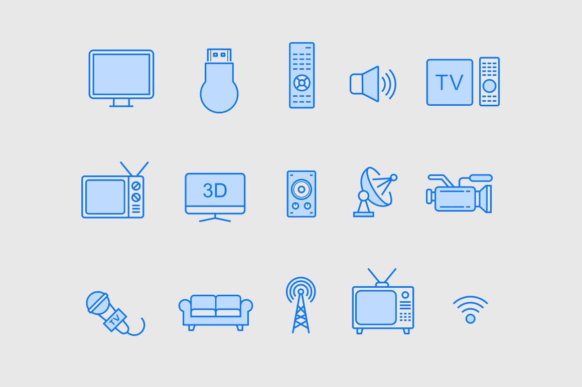 15枚TV&电视设备矢量线性非凡图库精选图标 15 TV & Television Icons插图(1)