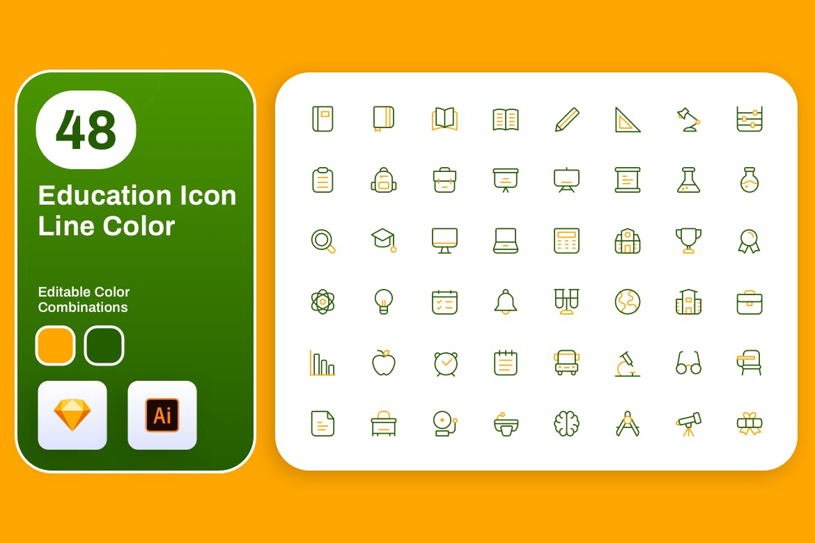 48枚教育行业主题彩色矢量线性16设计素材网精选图标 Education Icon Line Color插图(1)