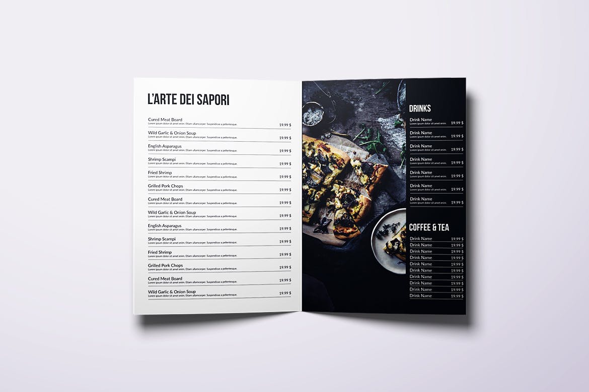 现代极简设计风格折页披萨普贤居精选菜单模板 Minimal Modern Bifold A4 & US Letter Food Menu插图(2)