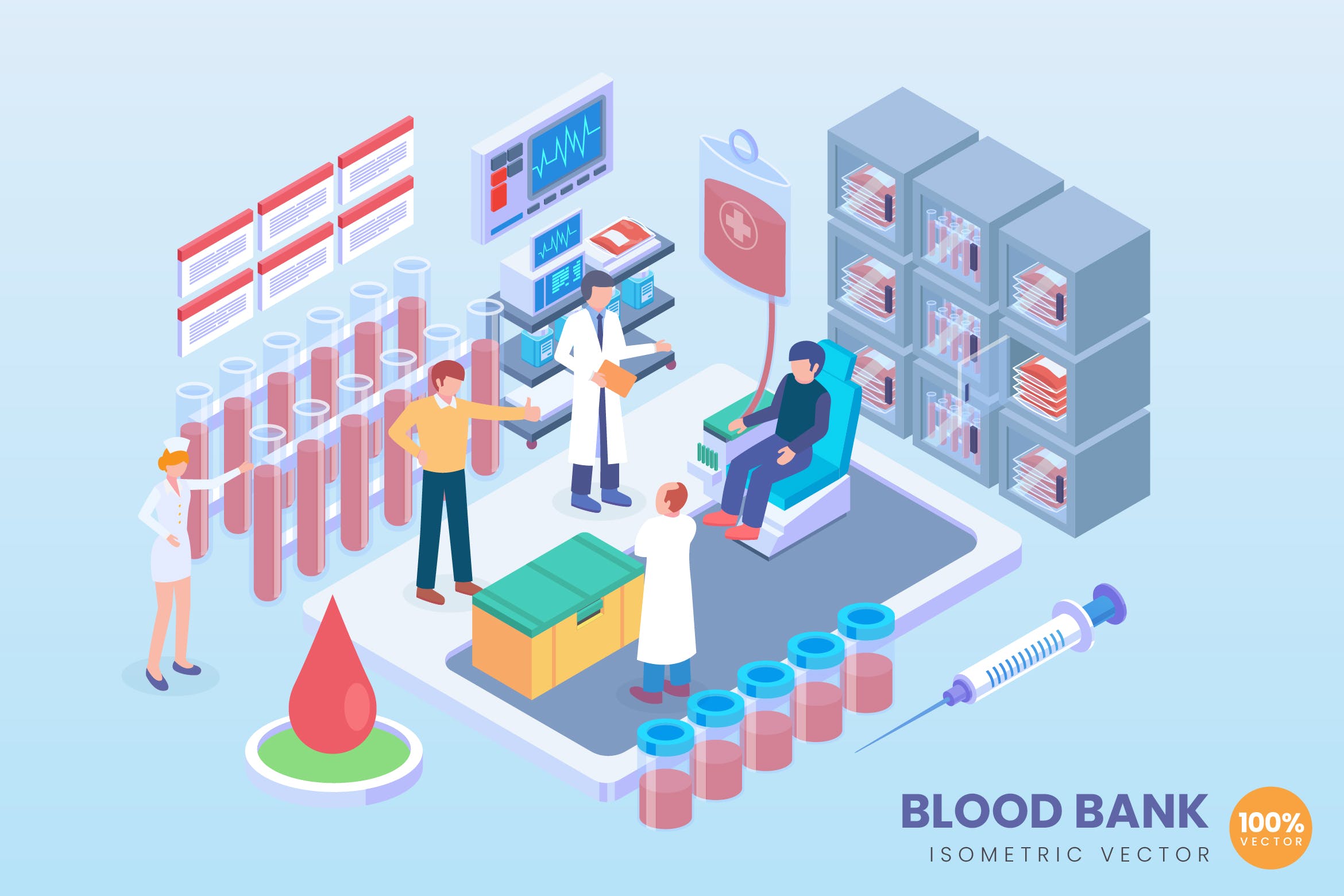 现代血库存储技术主题等距矢量16图库精选科技概念插画 Isometric Blood Bank Vector Concept插图