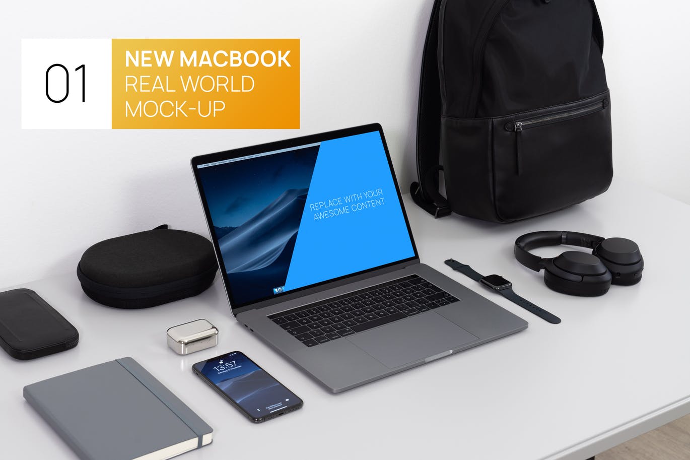 EDC清单15寸MacBook笔记本电脑16设计网精选样机模板 New MacBook 15 Touchbar Real World Photo Mock-up插图