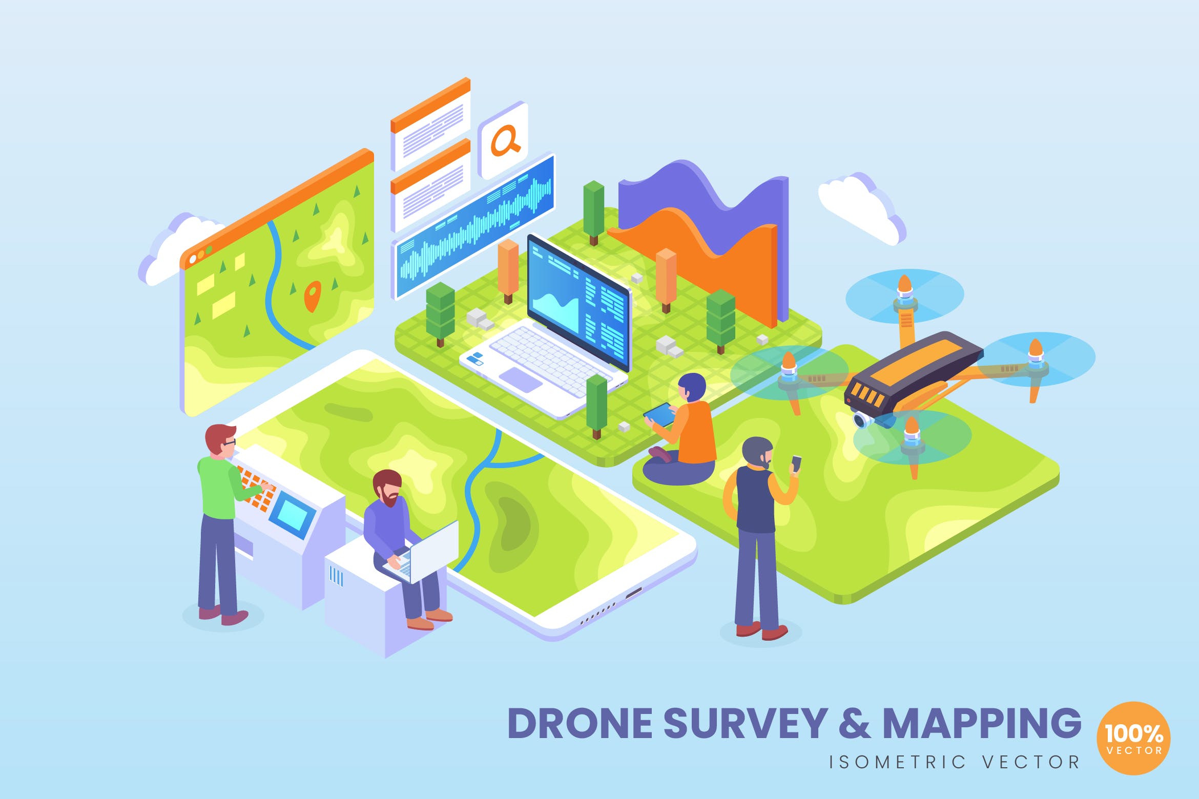 无人机测绘技术等距矢量科技非凡图库精选概念插画 Isometric Drone Survey and Mapping Vector Concept插图