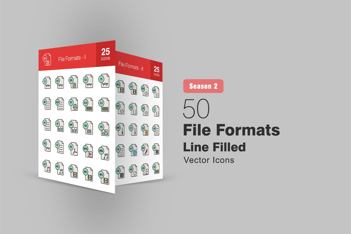 50枚文件格式填充线性素材库精选图标 II 50 File Formats Filled Line Icons Season II插图