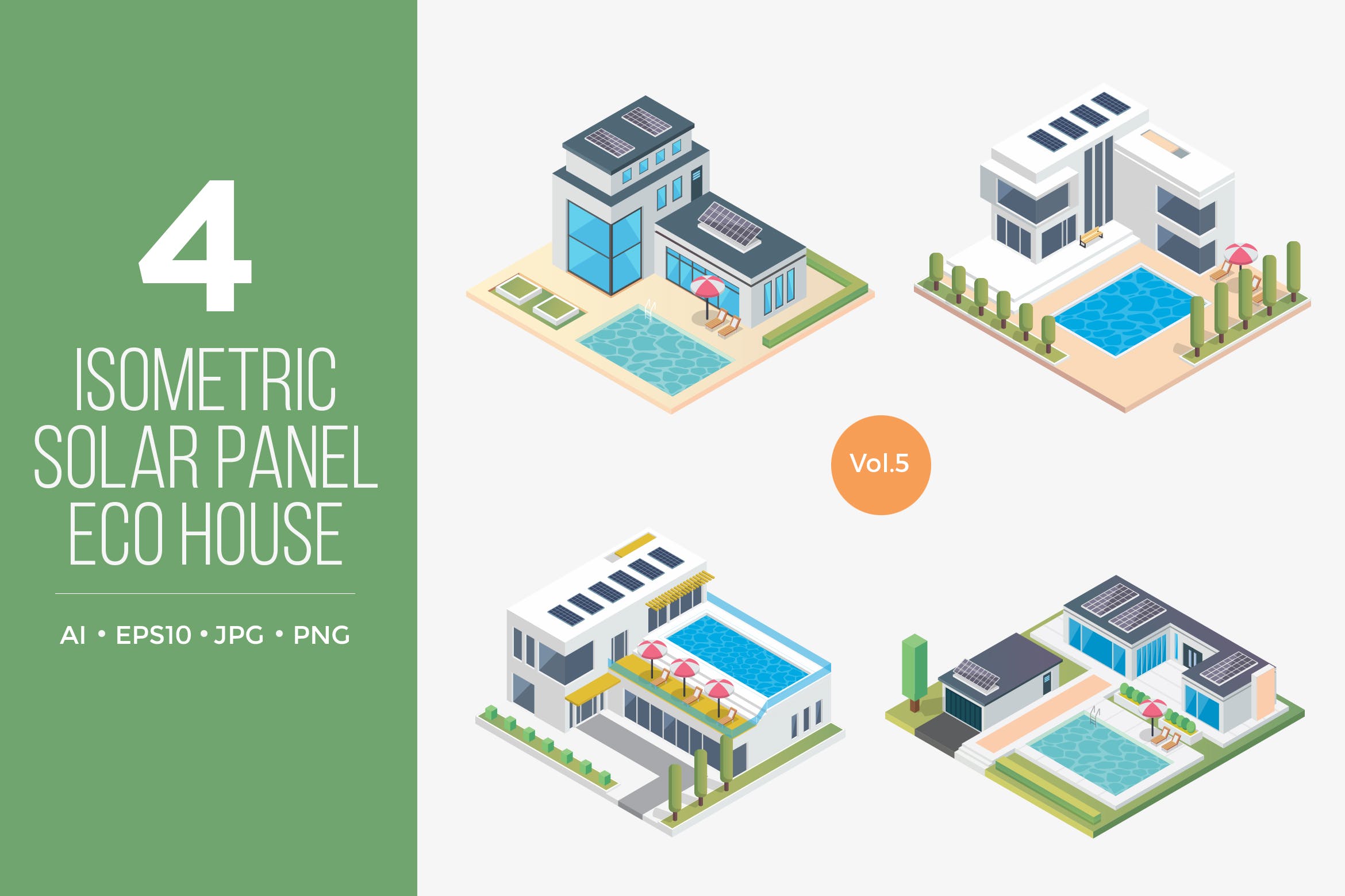 太阳能电池发电房屋等距矢量图形v5 Isometric Solar Panel Eco House Vector Set 5插图