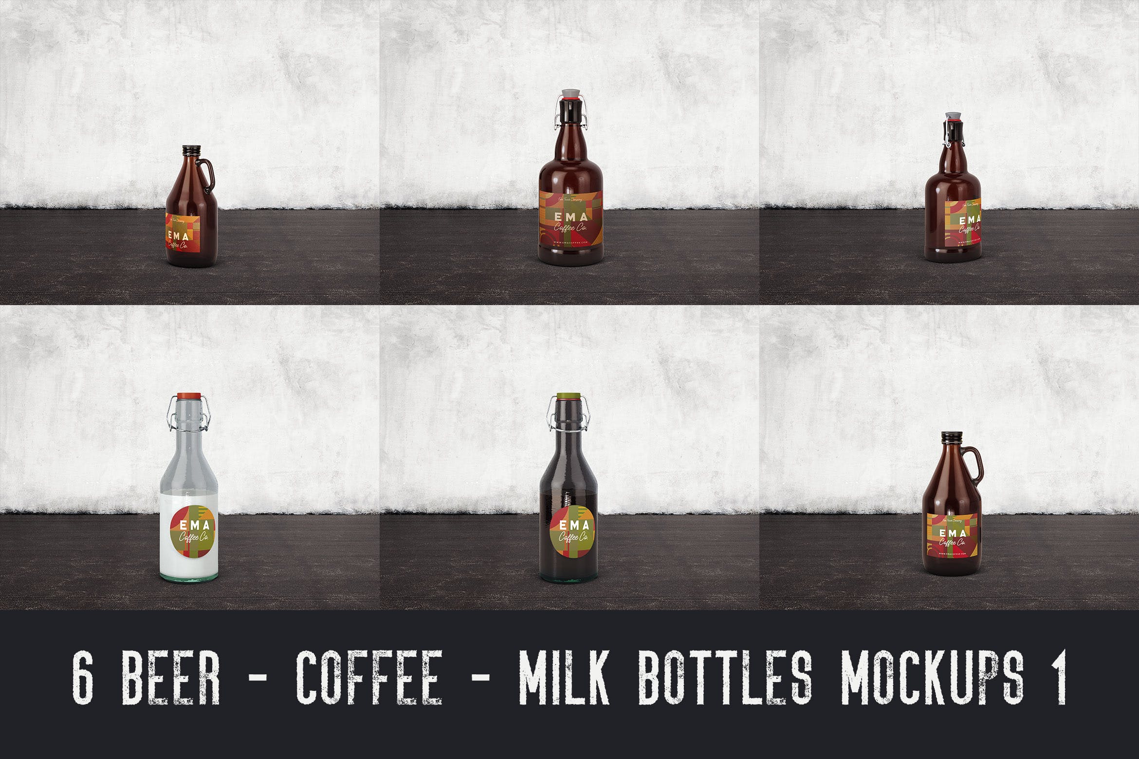 6个啤酒/咖啡/牛奶瓶外观设计素材中国精选v1 6 Beer Coffee Milk Bottles Mockups 1插图