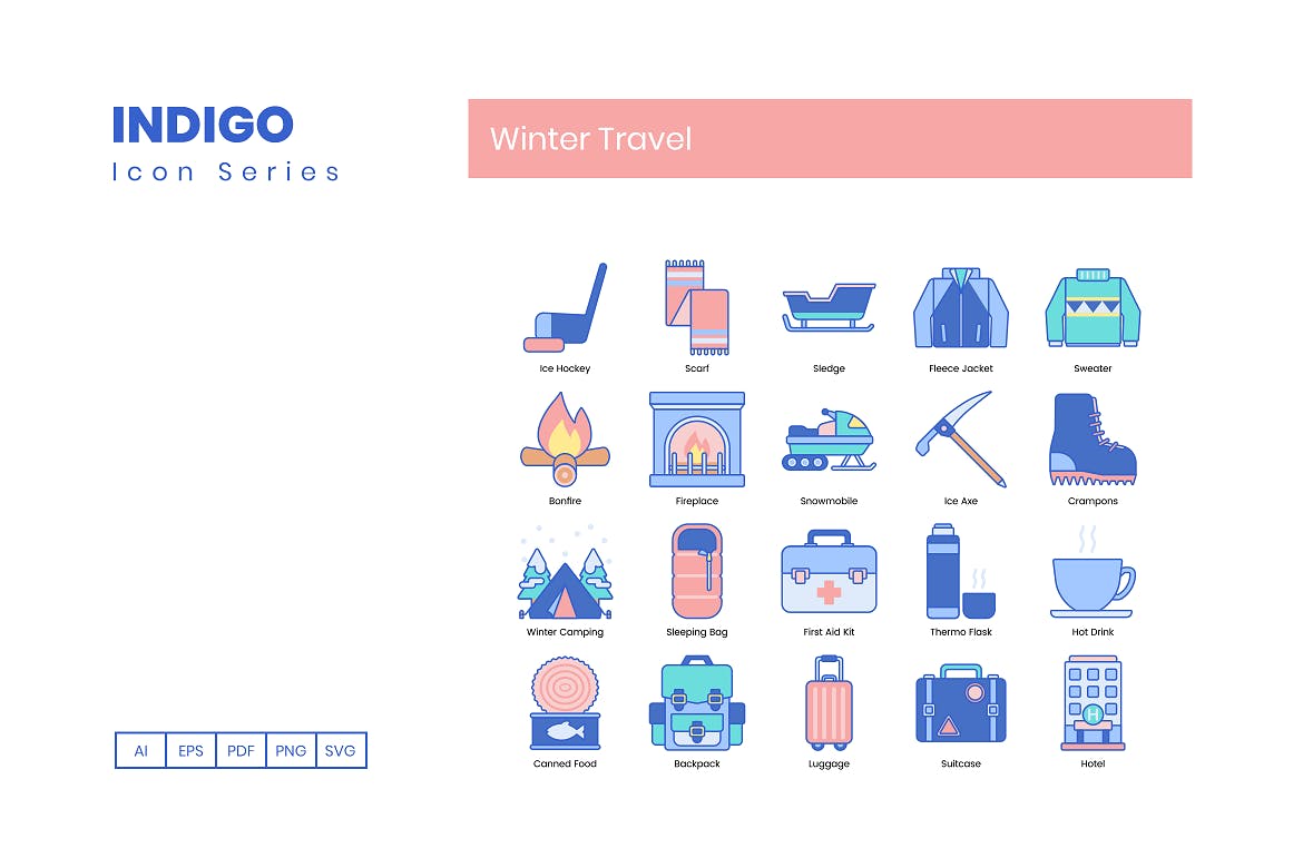 95枚靛蓝配色冬季旅行主题矢量素材库精选图标合集 95 Winter Travel Icons | Indigo Series插图(2)