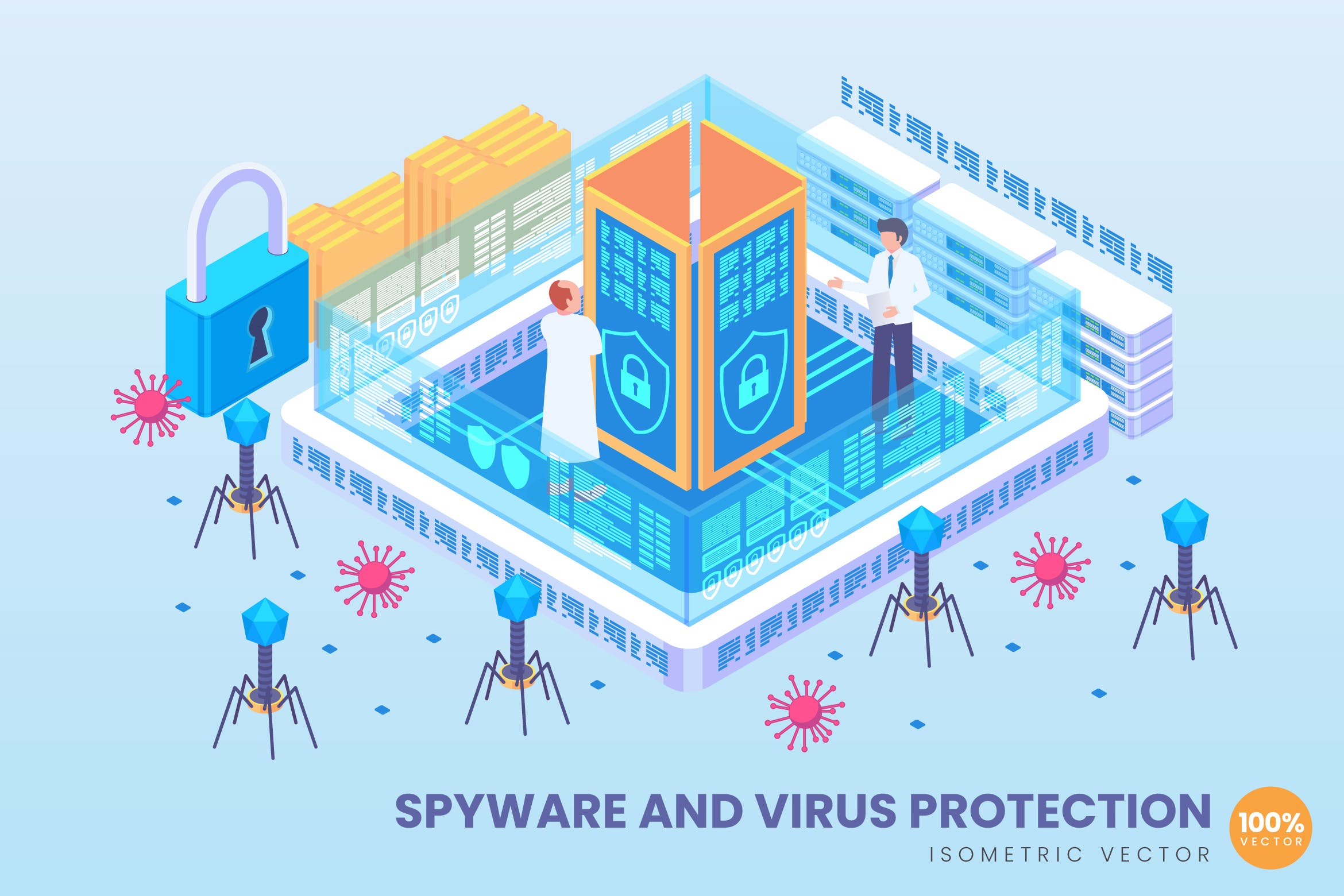 间谍软件与病毒保护主题等距矢量科技普贤居精选概念插画v2 Isometric Spyware And Virus Protection Vector插图