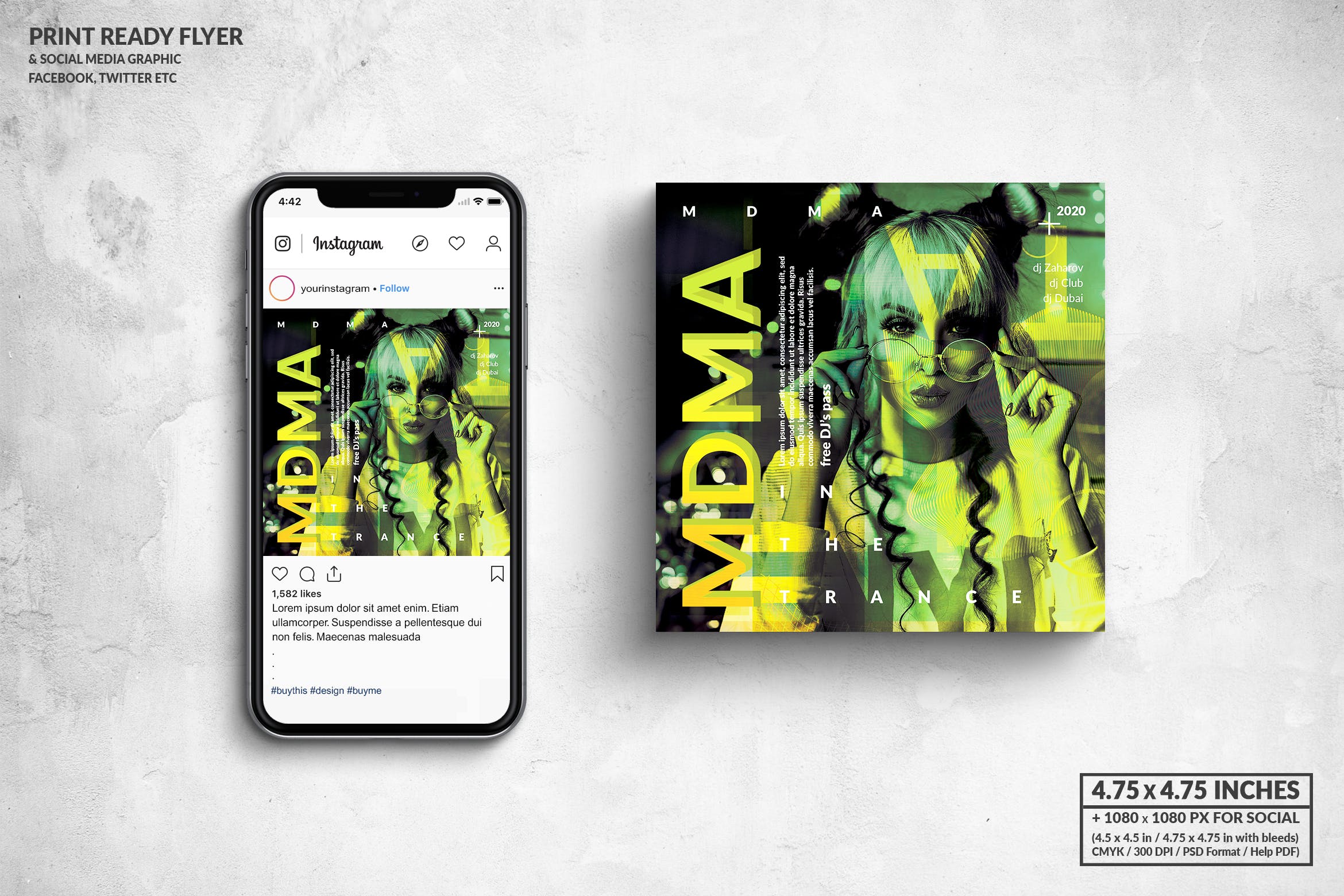 音乐主题派对活动方形宣传单&社交广告设计模板 MDMA Music Party Square Flyer & Social Media插图