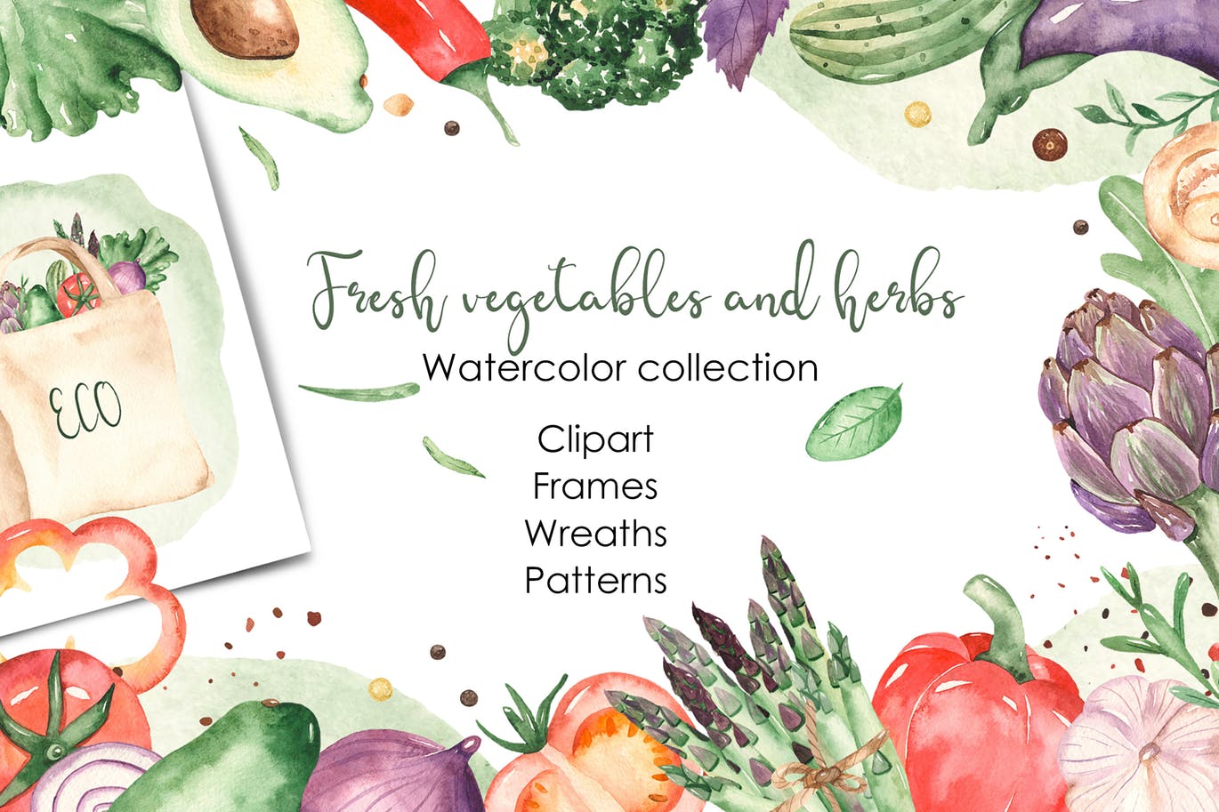 水彩手绘蔬菜＆草药剪贴画素材包 Watercolor vegetables and herbs Collection clipart插图