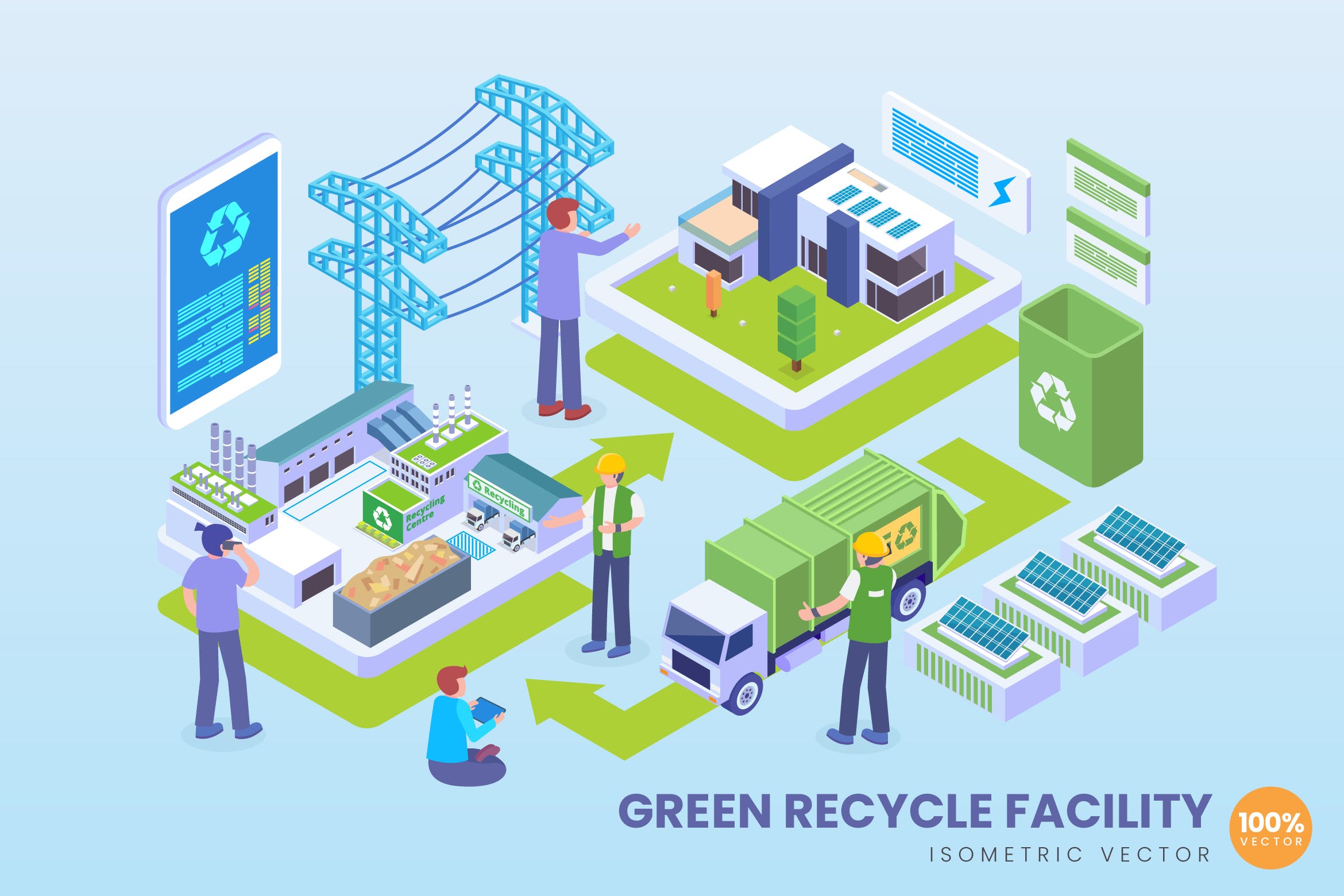 绿色循环环保工厂场景等距矢量科技素材库精选概念插画v2 Isometric Green Recycle Facility Vector Concept插图