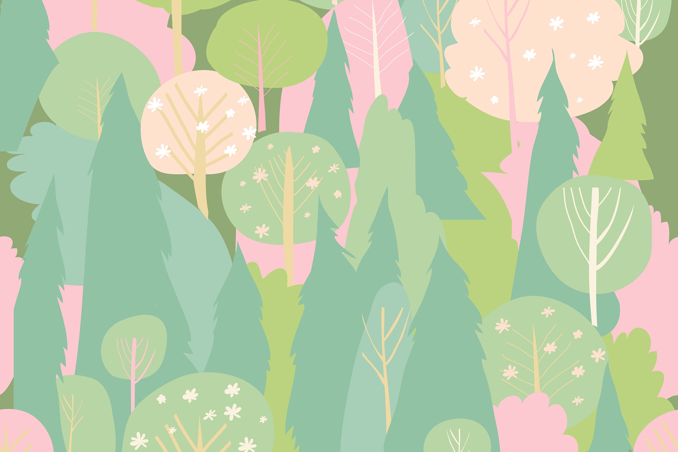 鲜花盛开的森林无缝水彩图案背景16图库精选 Seamless vector blossom forest pattern. Spring bac插图