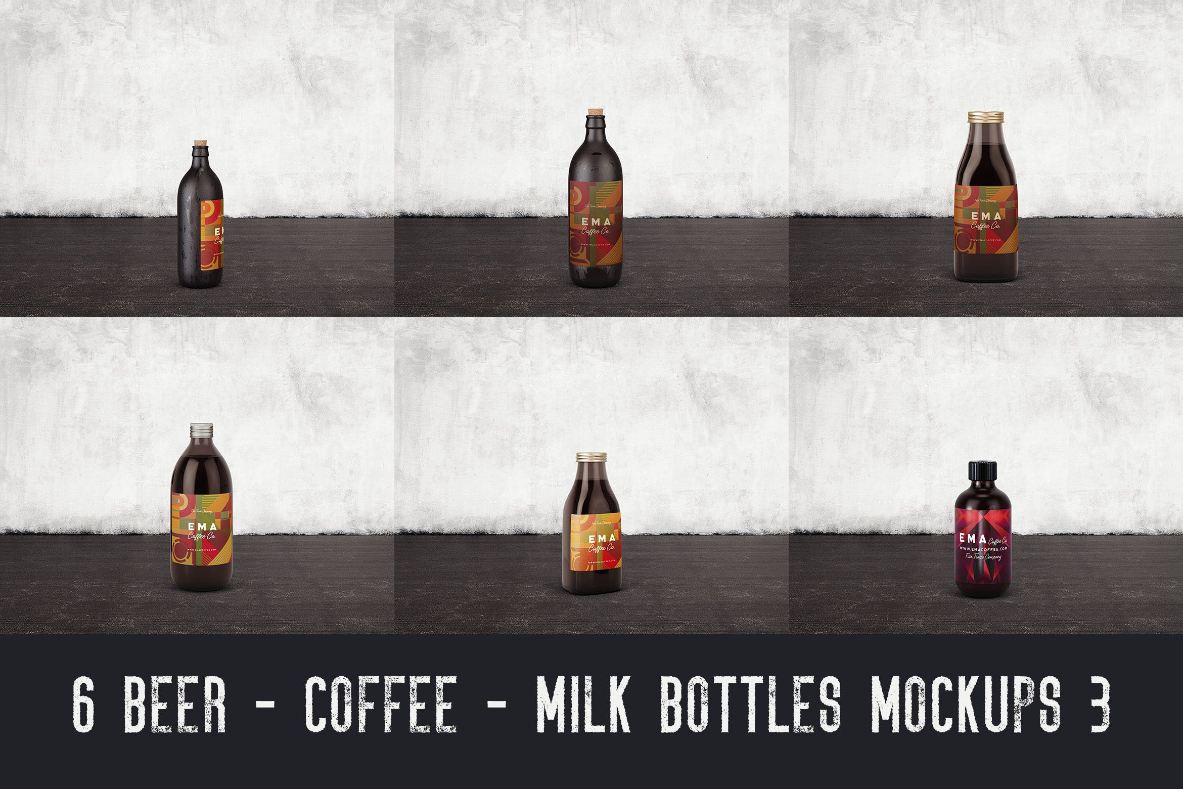 6个啤酒/咖啡/牛奶瓶外观设计非凡图库精选v3 6 Beer Coffee Milk Bottles Mockups 3插图