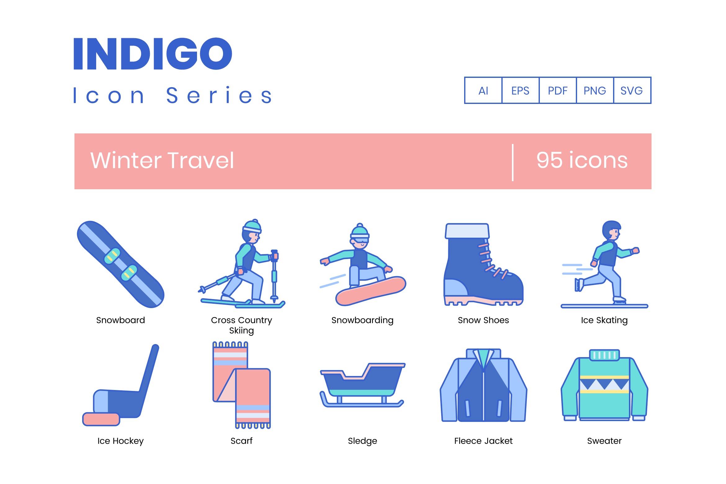 95枚靛蓝配色冬季旅行主题矢量素材库精选图标合集 95 Winter Travel Icons | Indigo Series插图