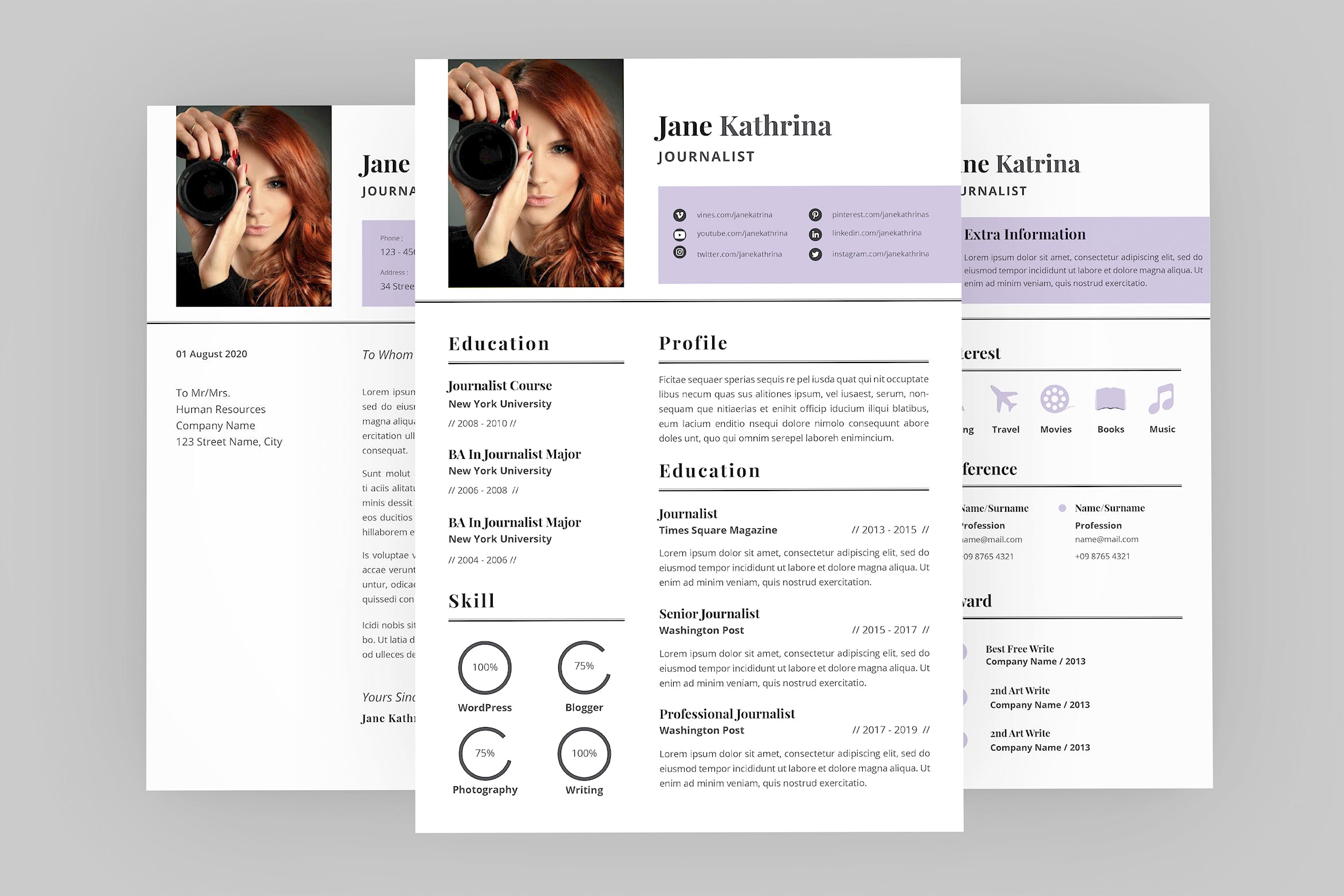 旅行记者个人电子素材库精选简历模板 Jane Journalist Resume Designer插图