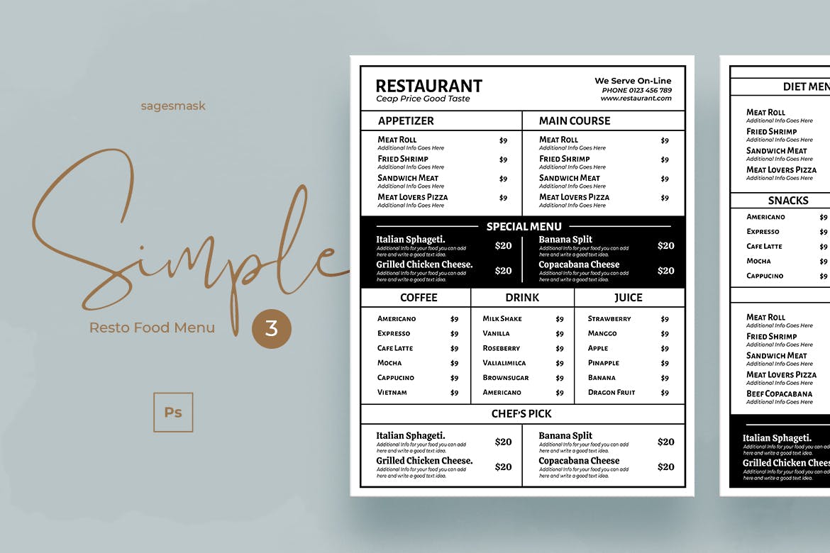 简约文字排版风格轻食店菜单模板v3 Simple Food Menu Resto Vol. 3插图