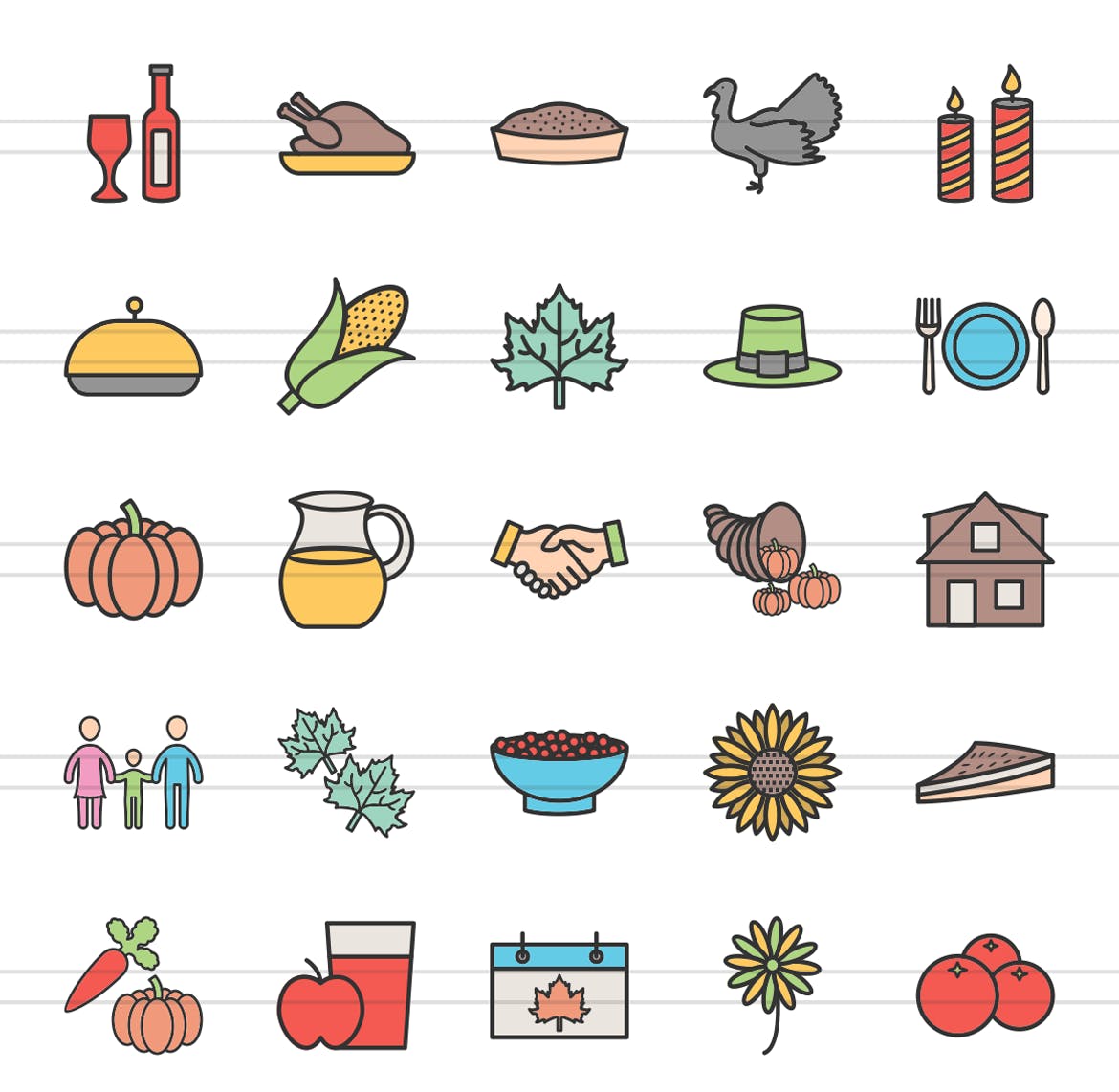 50枚感恩节颜色填充线性素材库精选图标素材 50 Thanksgiving Filled Line Icons插图(1)