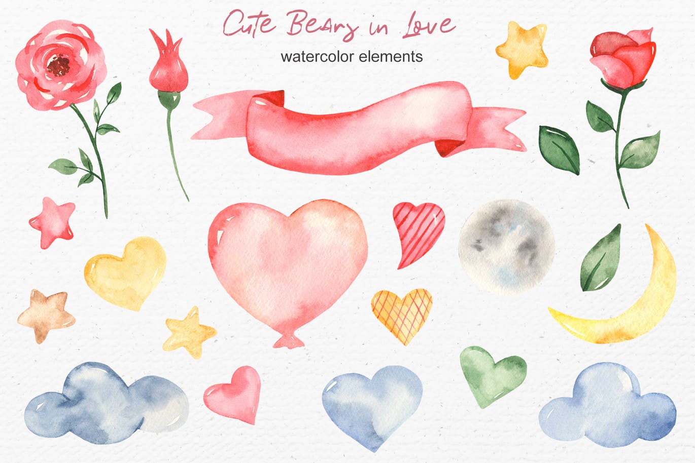 水彩可爱熊手绘图案剪贴画＆卡片素材 Watercolor cute bears in love. Clipart and cards插图(2)