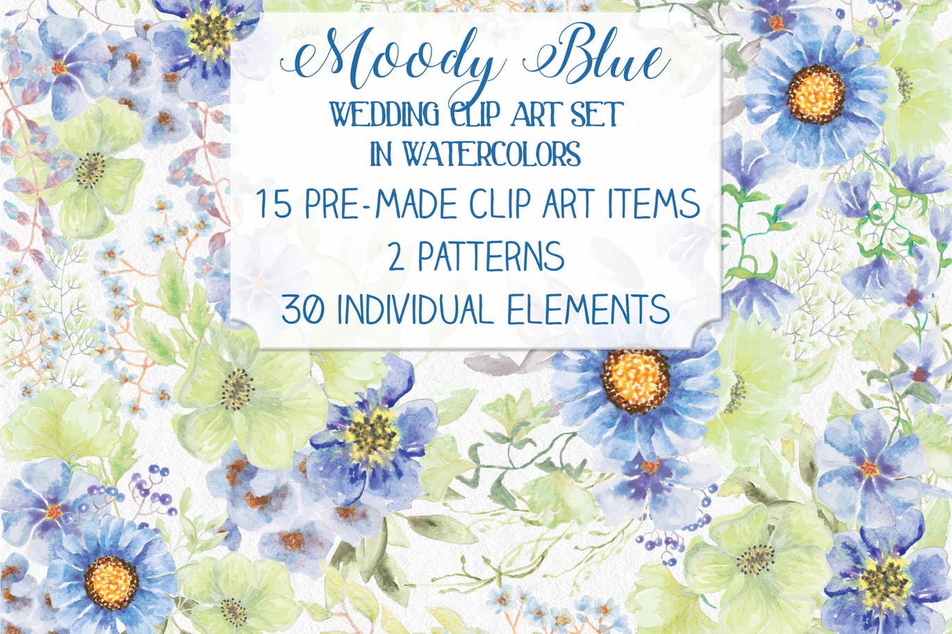 忧郁蓝水彩手绘花卉素材库精选设计素材 “Moody Blue” Watercolor Bundle插图