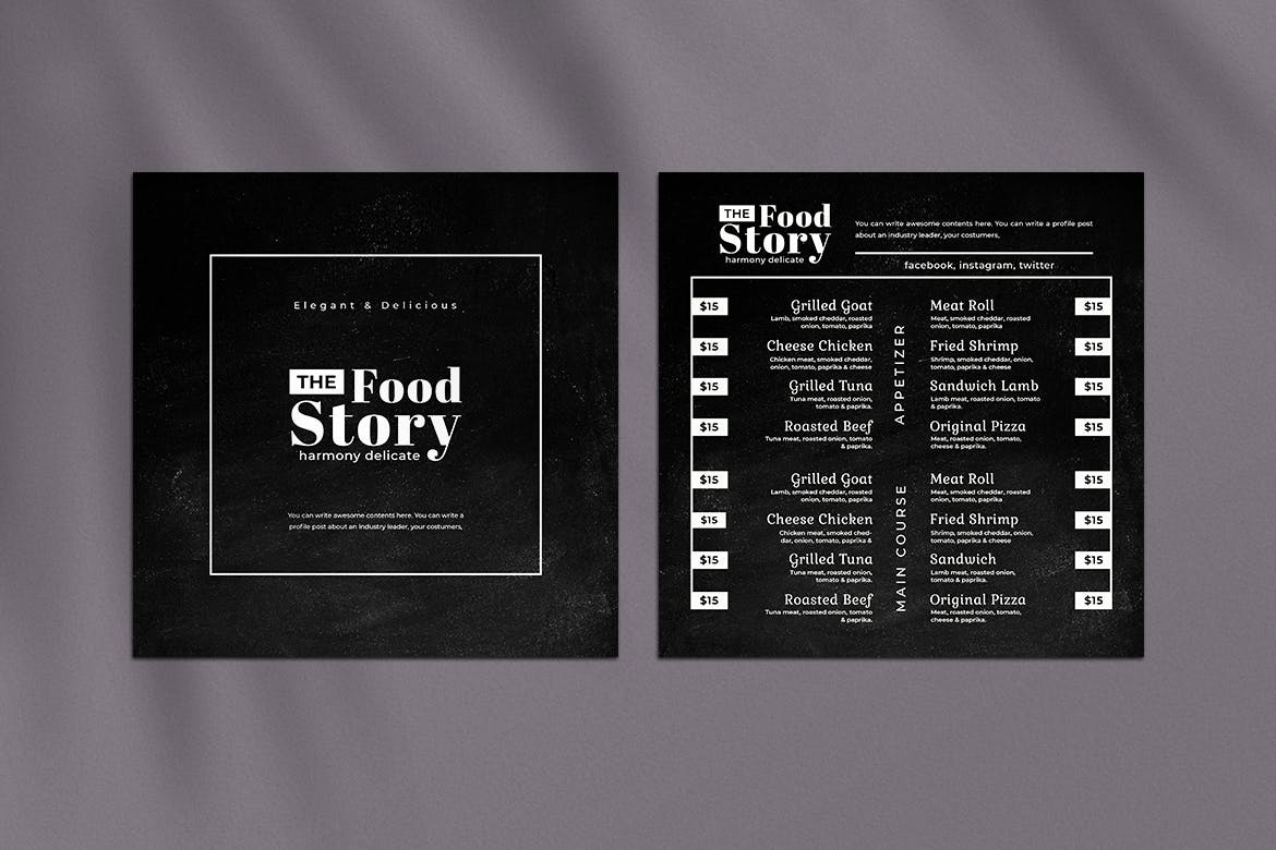 黑板画风格正方形两列式西餐厅普贤居精选菜单模板v01 Blackboard Square Food Menu. 01插图(1)