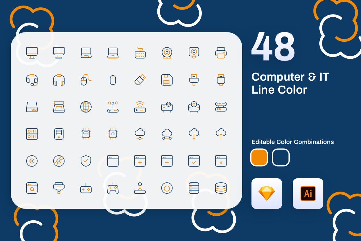 48枚电脑IT行业彩色矢量线性16图库精选图标 Computer & IT Line Color插图(1)