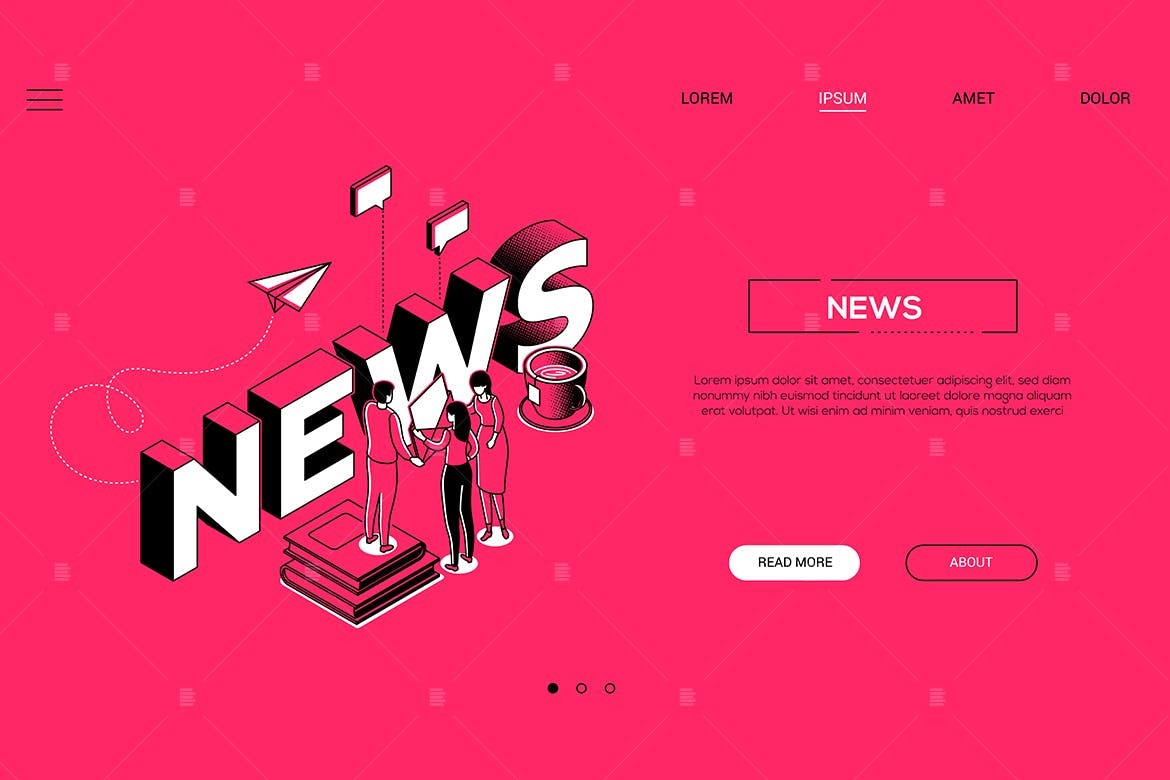 新闻创作线条艺术设计风格网站Banner设计插画素材 News creation isometric web banner插图(1)