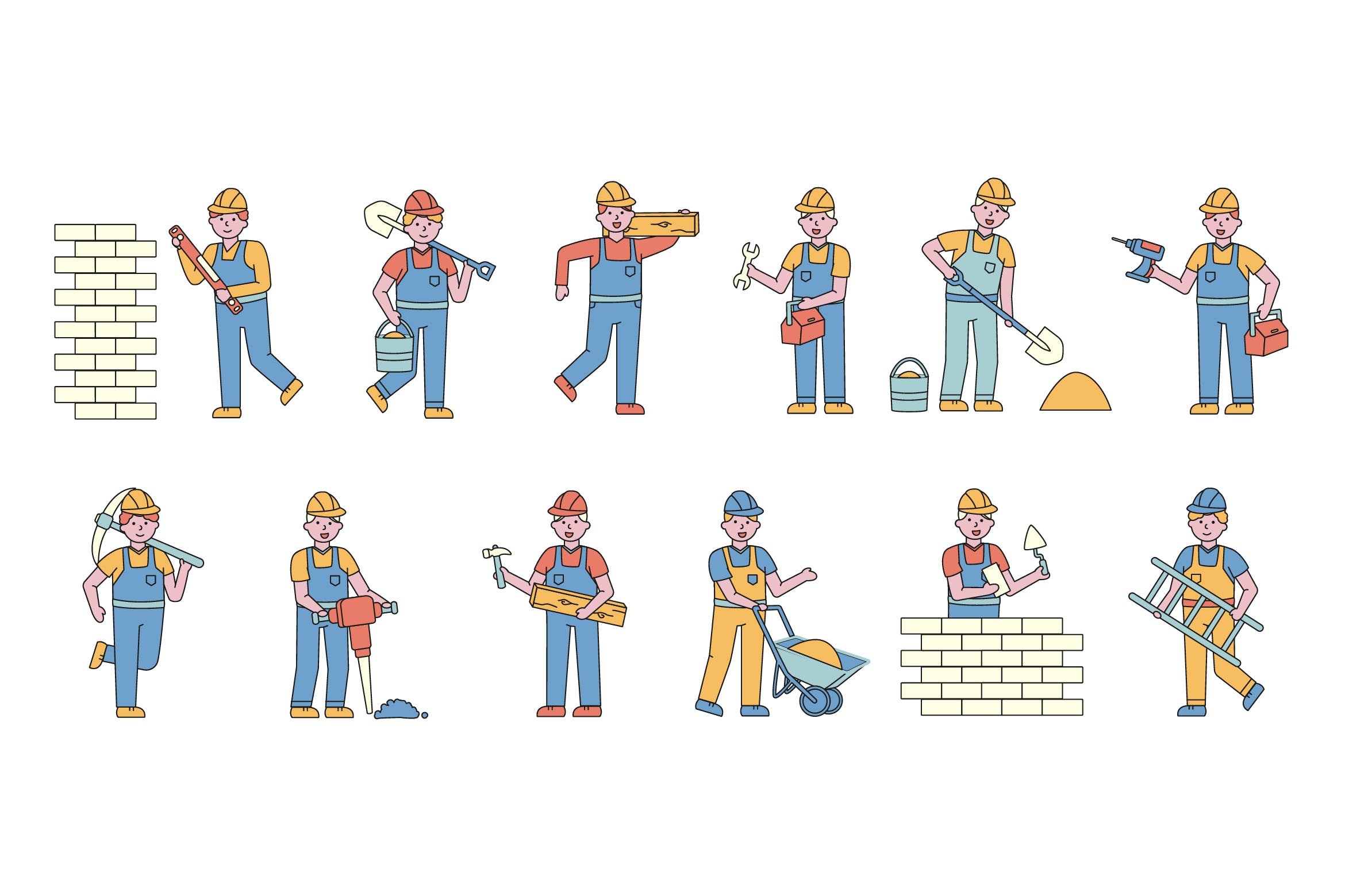 建筑工人人物形象线条艺术矢量插画素材库精选素材 Builders Lineart People Character Collection插图
