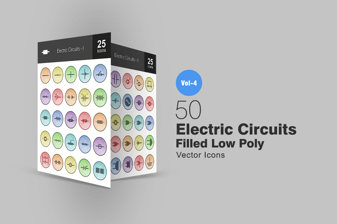 50枚电路线路板主题多边形填充色圆形非凡图库精选图标 50 Electric Circuits Filled Low Poly Icons插图